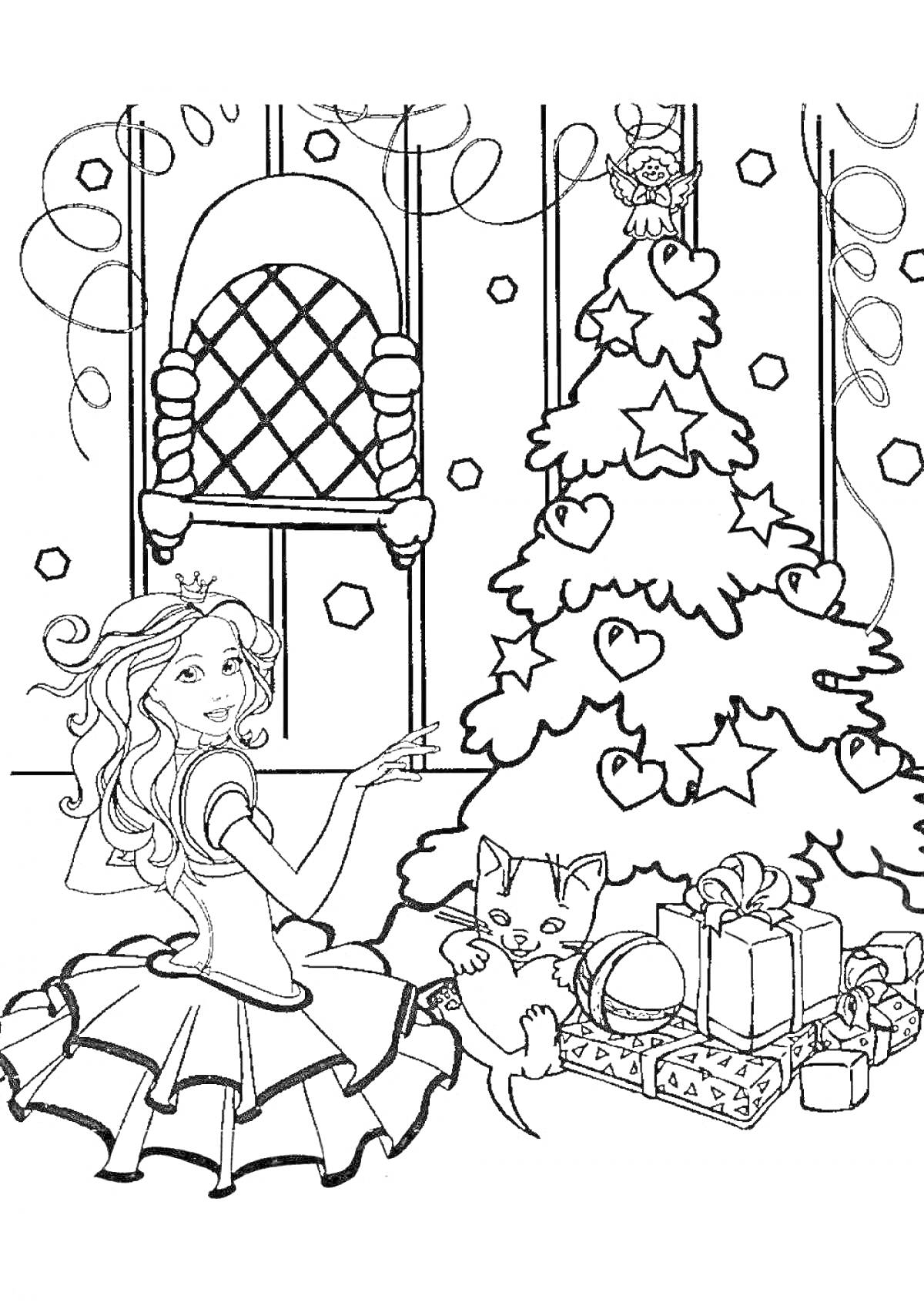 На раскраске изображено: Девочка, Корона, Новогодняя елка, Подарки, Новогодние украшения, Гирлянда, Украшения