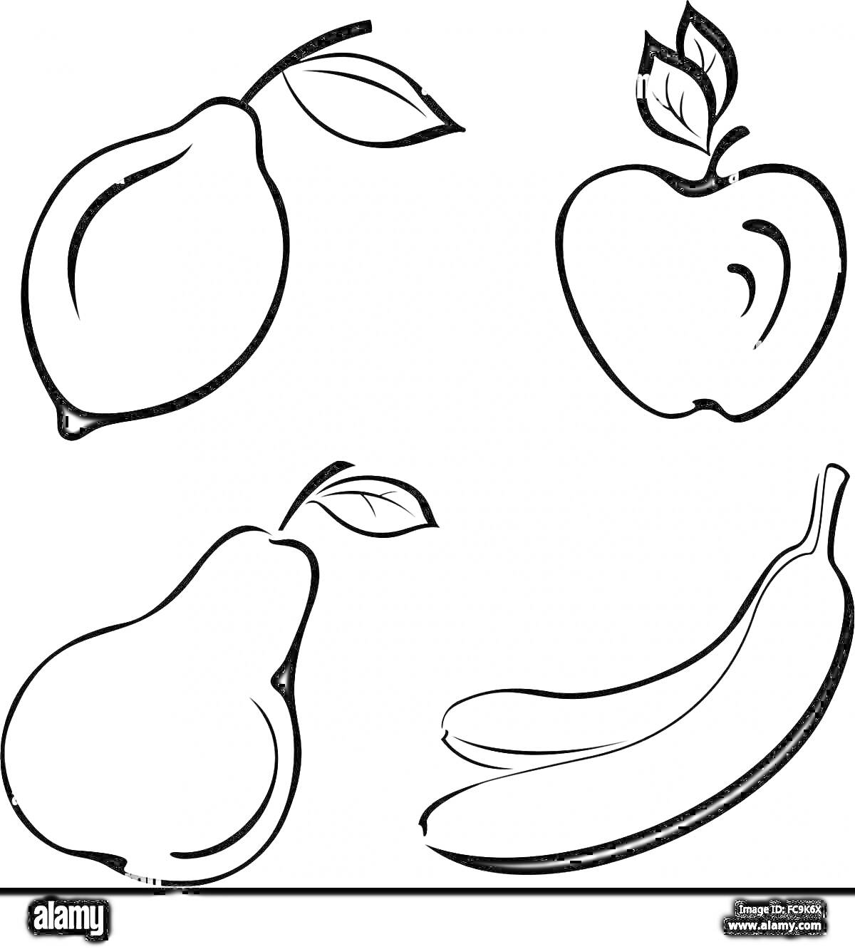 На раскраске изображено: Банан, Яблоко, Фрукты, Для детей, Груши, Контурные рисунки