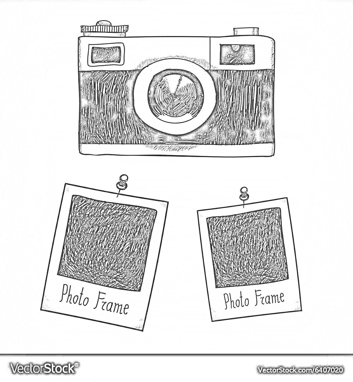 Раскраска Камера полароид с двумя пустыми фоторамками