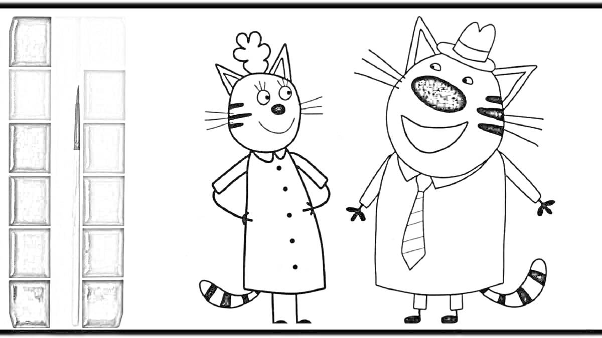 На раскраске изображено: Три кота, Мама, Шляпа, Галстук, Платье