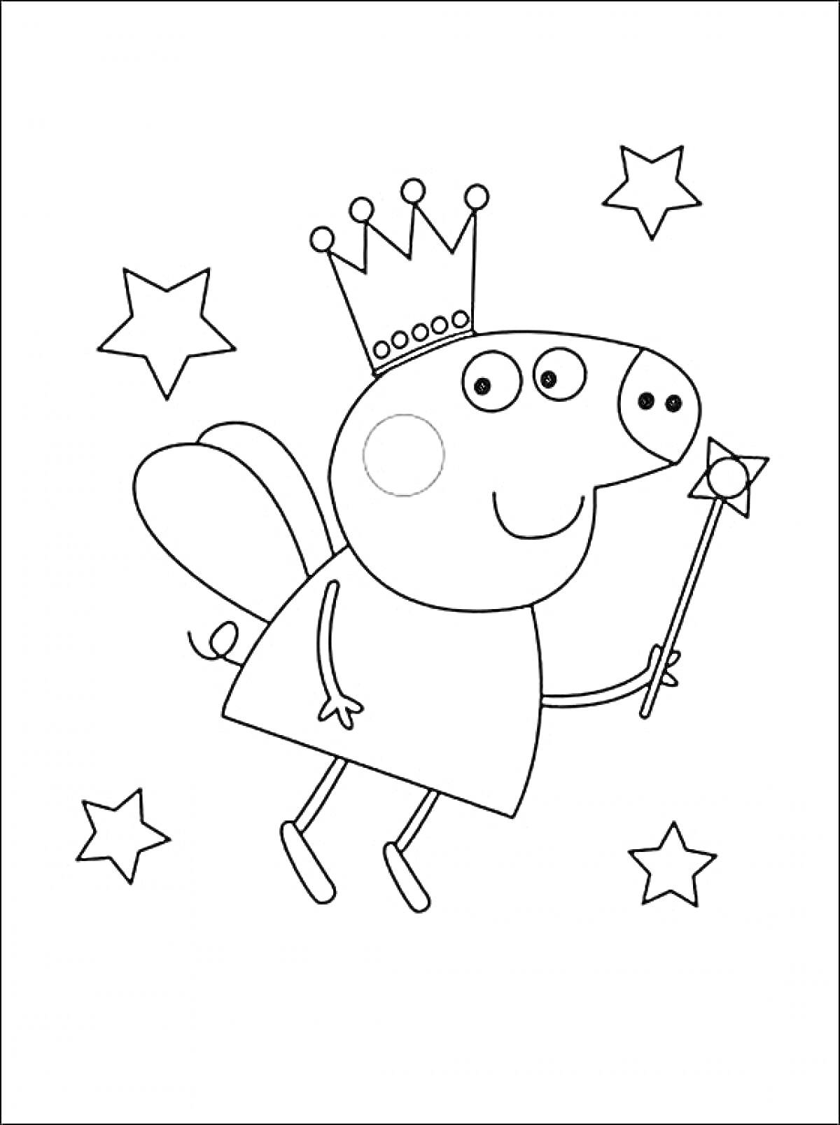 На раскраске изображено: Свинка Пеппа, Корона, Звезды, Крылья, Для детей, Волшебные палочки, Герои мультфильмов