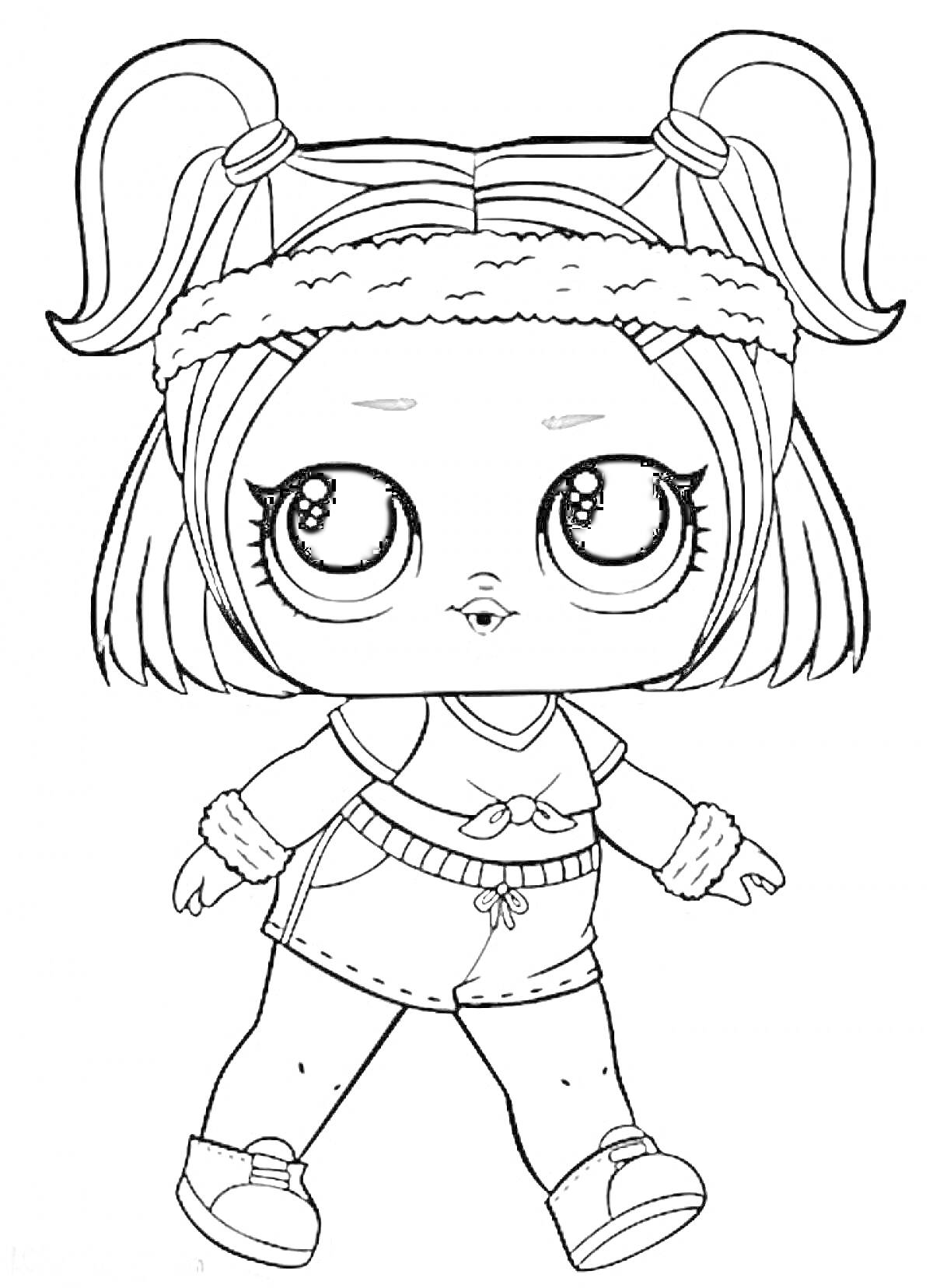 Раскраска Кукла Лол с большими глазами в спортивной одежде, с хвостиками и повязкой на голове