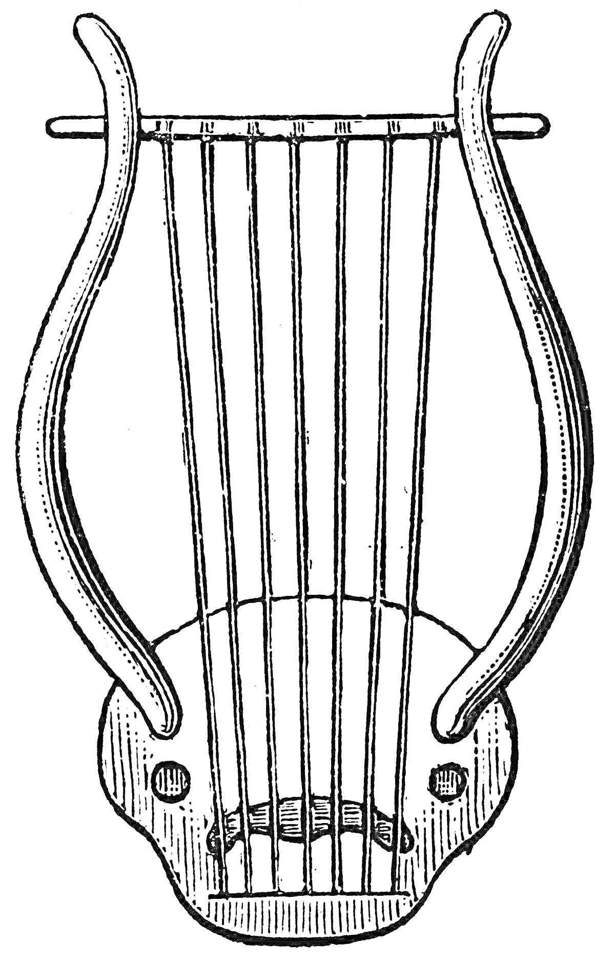 Раскраска Лира с шестью струнами и резонатором, черно-белое изображение для раскрашивания