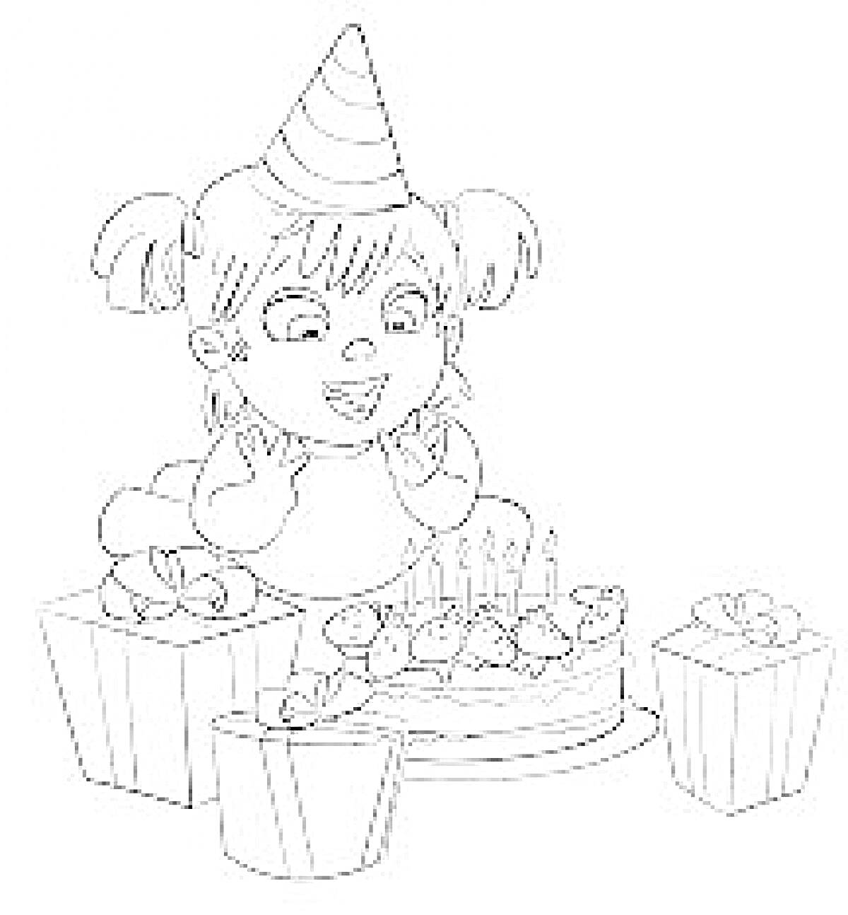 Девочка с праздничным колпаком разглядывает торт с свечами и подарки