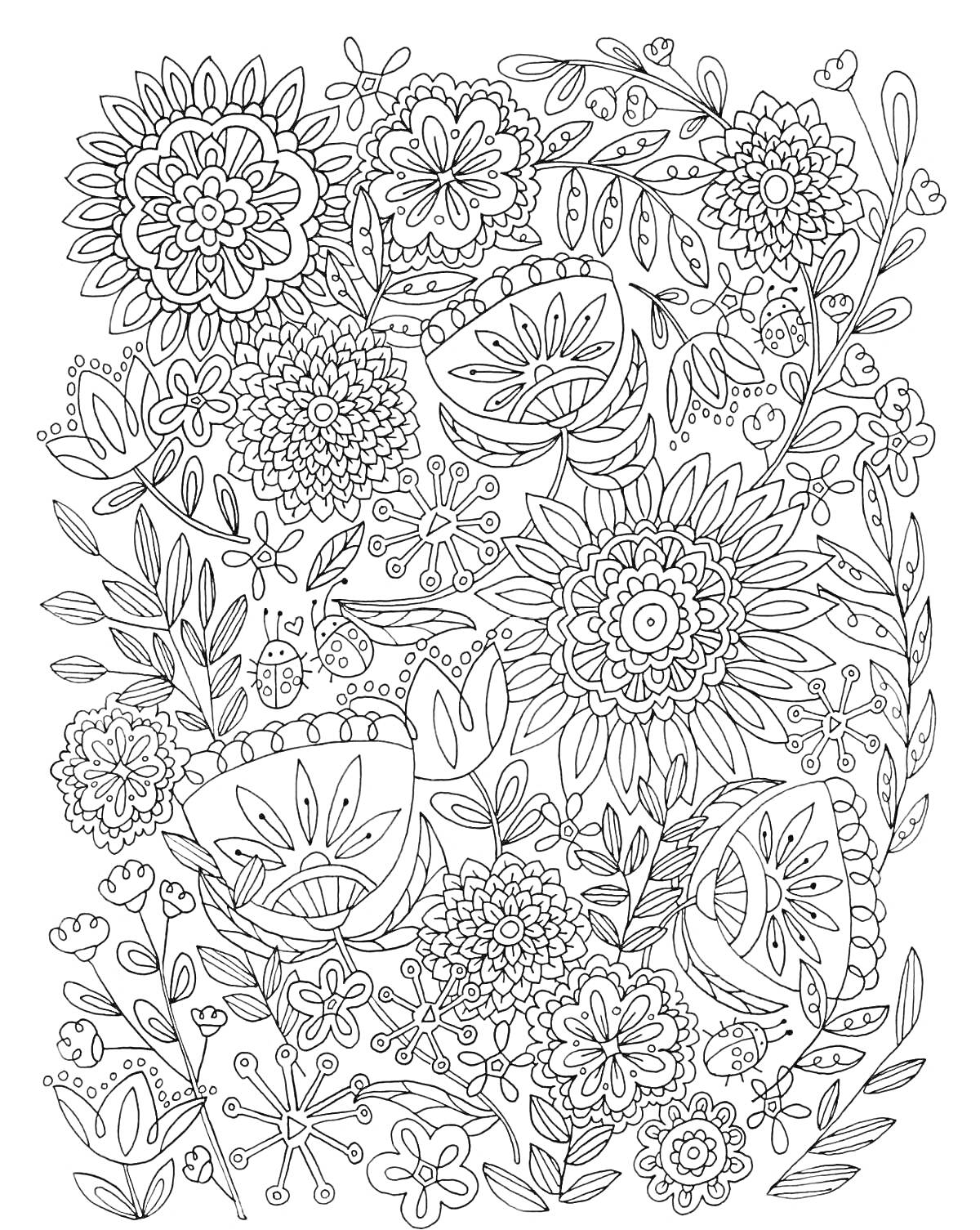 Раскраска Цветочное настроение с разнообразными цветами и листвой