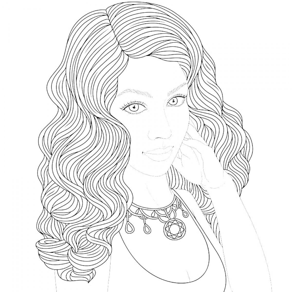 Раскраска Портрет девушки с волнистыми волосами и ожерельем