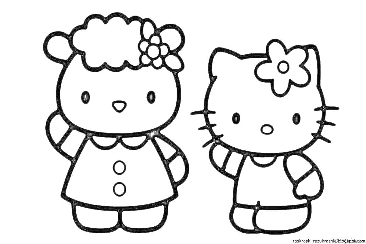 Раскраска два персонажа в платьях, один с кошачьими ушами и цветком, другой с цветком и овечьей шерстью