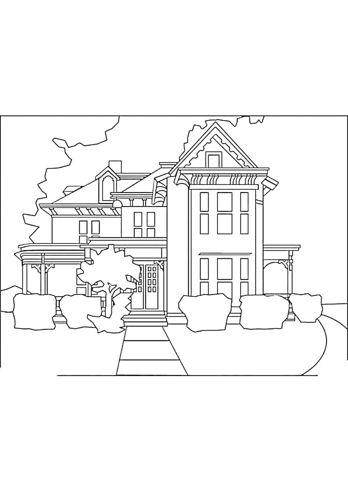 Раскраска Большой дом с крыльцом, кустами и деревом