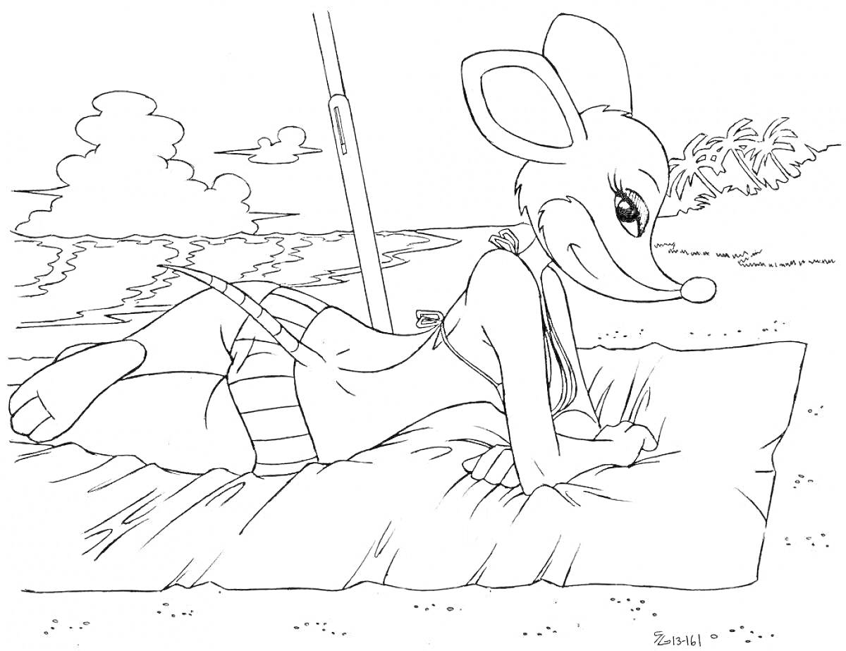 Раскраска анимационный персонаж на пляжном покрывале, пляжный зонт, пальмы на заднем плане
