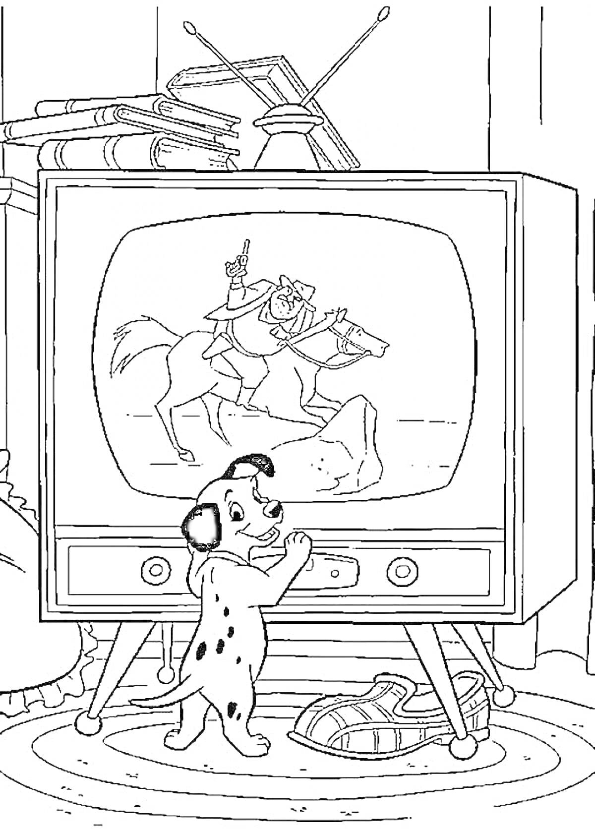 Раскраска Щенок, смотрящий телевизор с ковбоем на экране и тапочки на полу