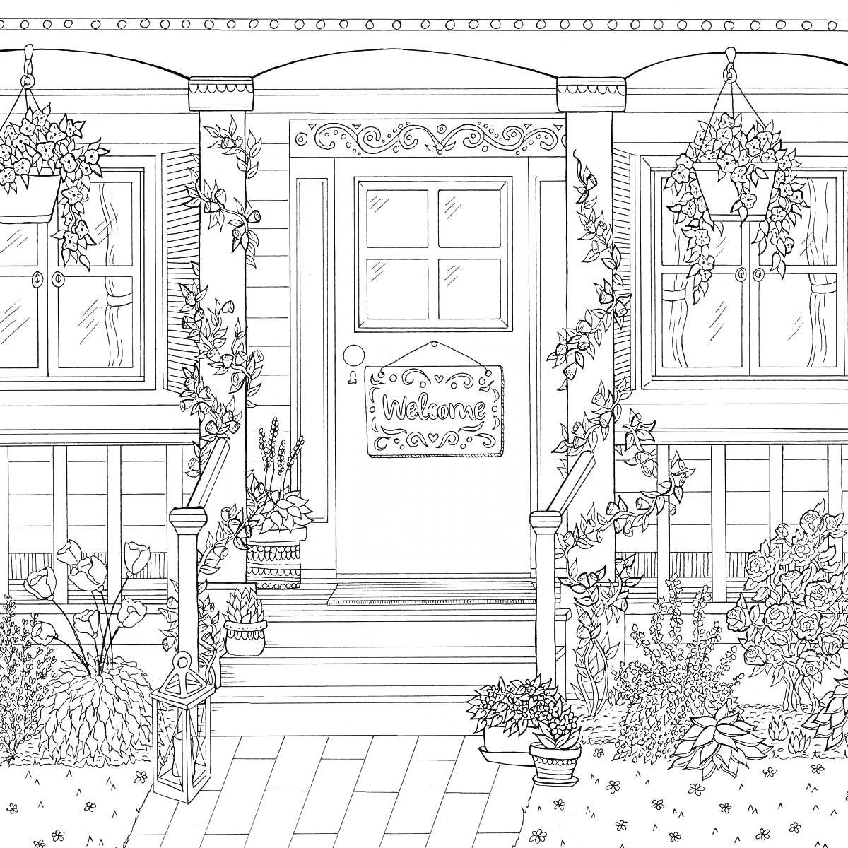 Раскраска Фронтальная веранда с растениями и декором
