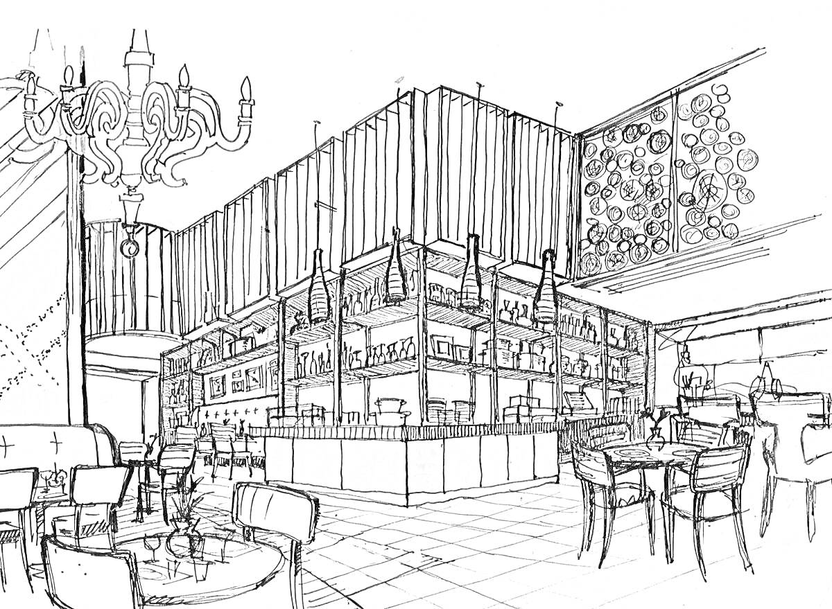 Раскраска Ресторан с барной стойкой, стульями, столами, люстрой и декоративной стеной