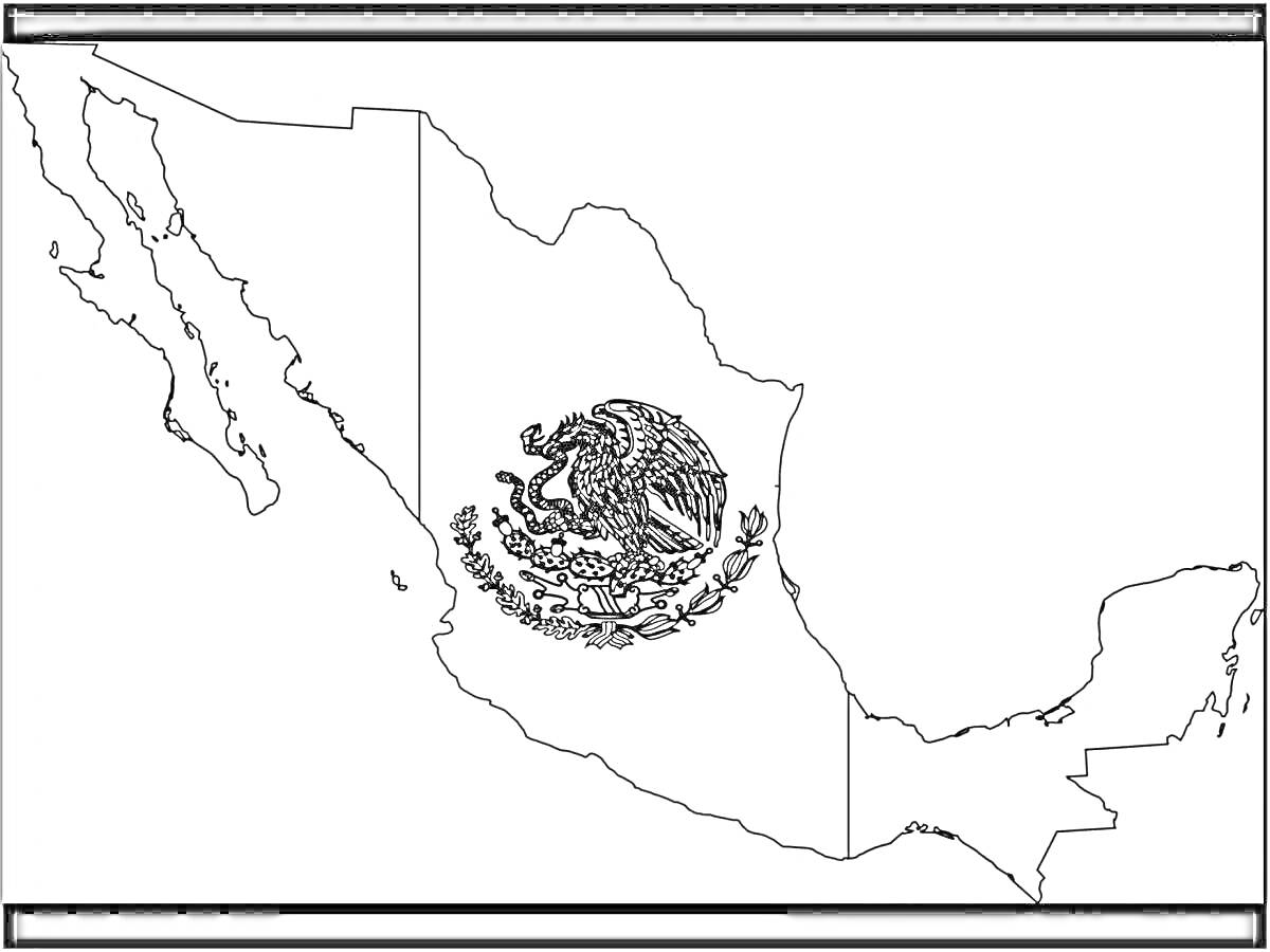 Раскраска Контур карты Мексики с гербом на фоне флага Мексики