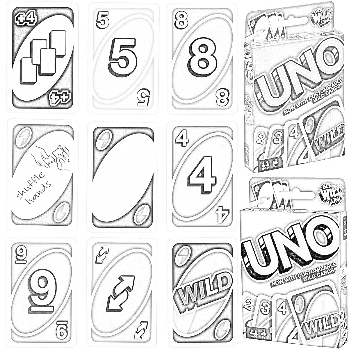Раскраска Карточка уно с номерами 5, 8, 9 и 4, картой 