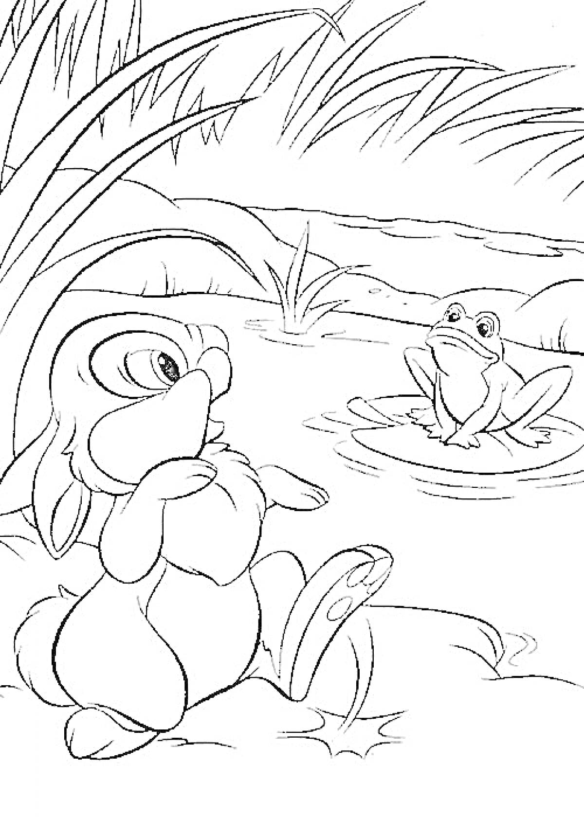 Раскраска Заяц у пруда с лягушкой