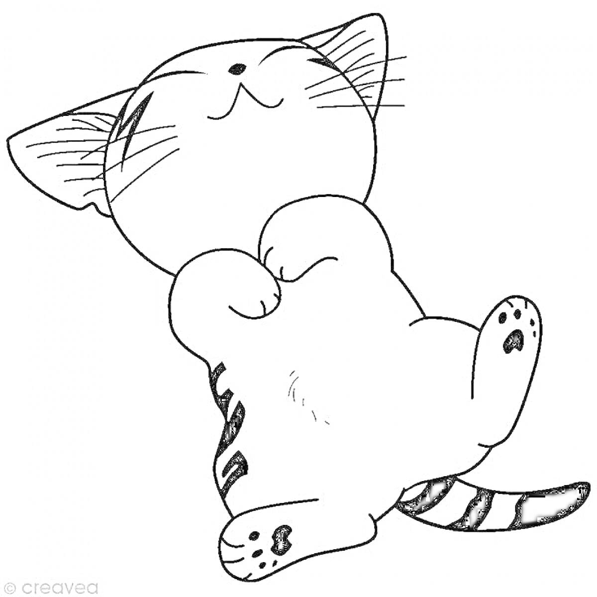Раскраска Котик, лежащий на спине с закрытыми глазами и поднятыми передними лапками