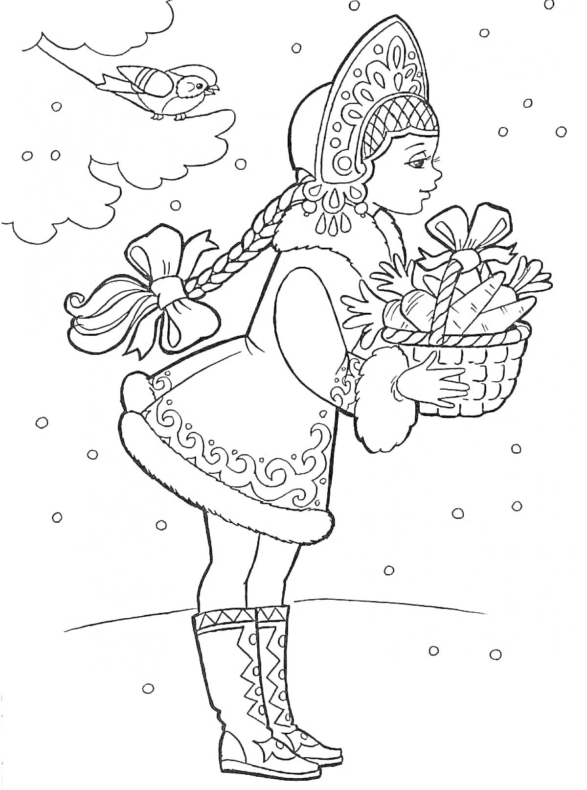 На раскраске изображено: Зима, Корзина, Подарки, Узоры, Коса, Снег