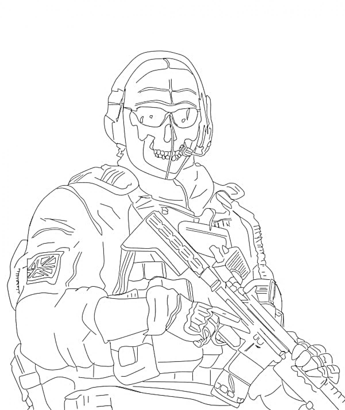Раскраска Солдат в маске с черепом, наушниками, очками, и оружием
