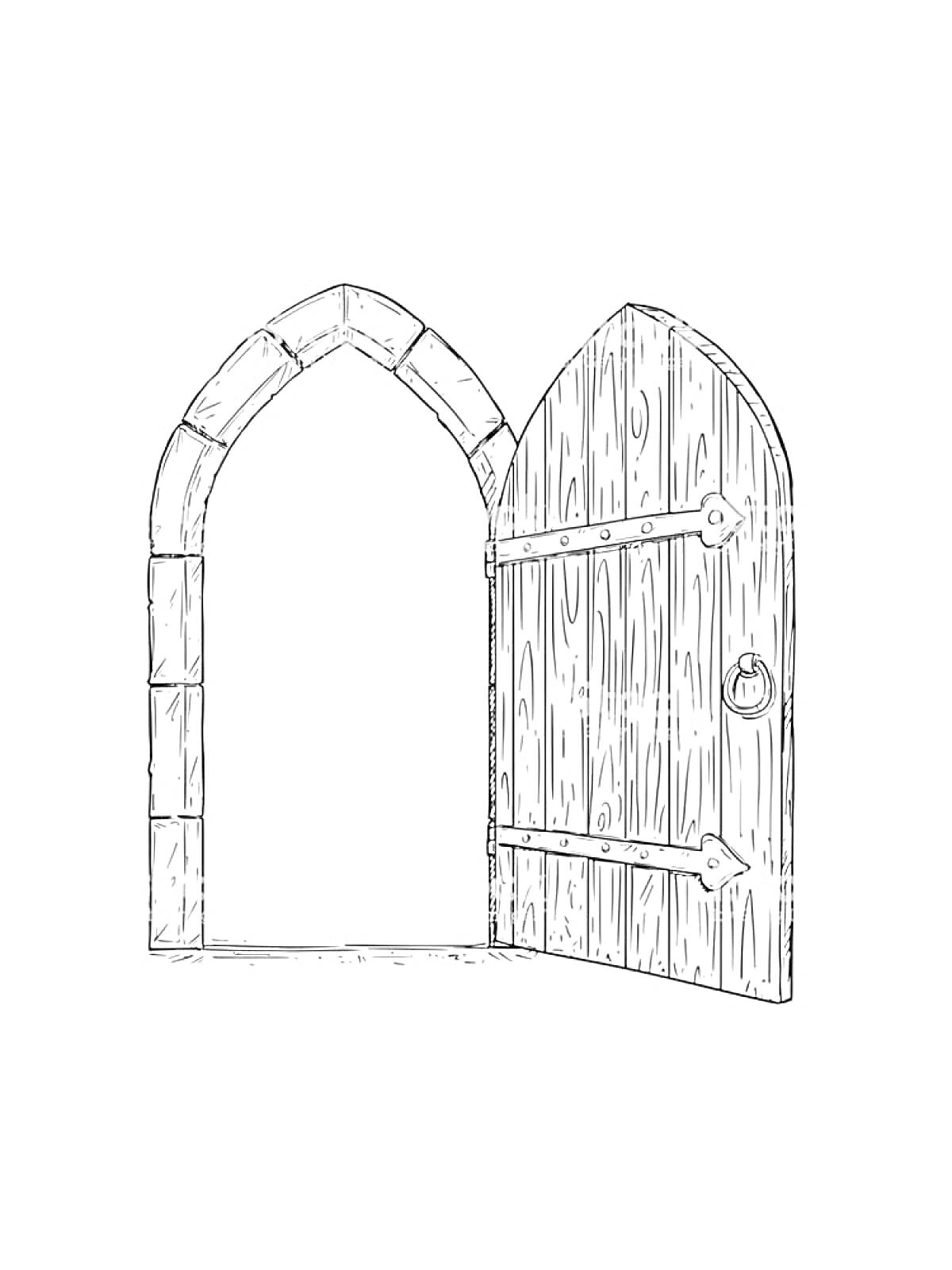 На раскраске изображено: Дверь, Арка, Средневековье, Петли, Деревья
