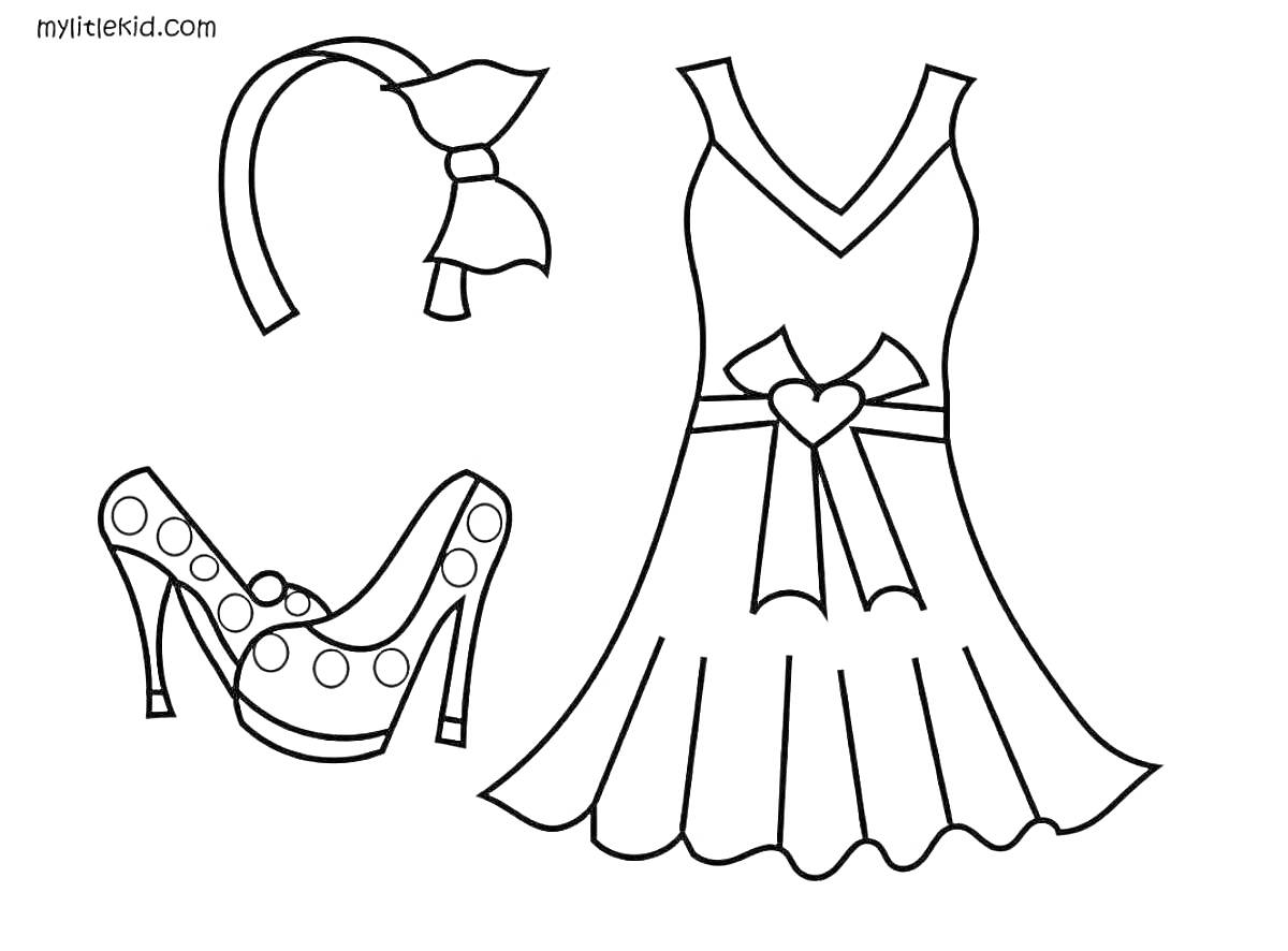 Раскраска Платье с бантом, туфли на каблуке и обруч с бантиком