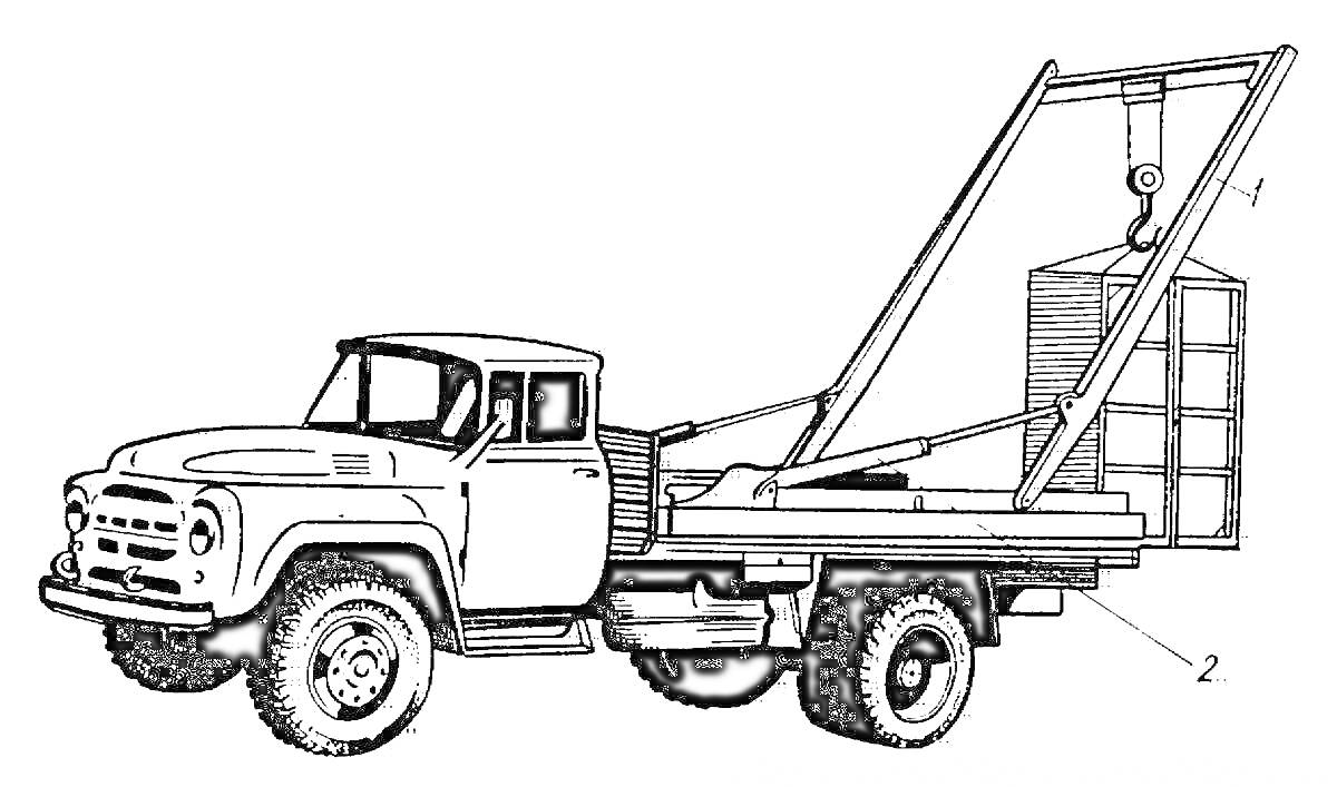 Раскраска ГАЗ 52 с подъемным устройством, грузовой автомобиль с подъемной стрелой и контейнером