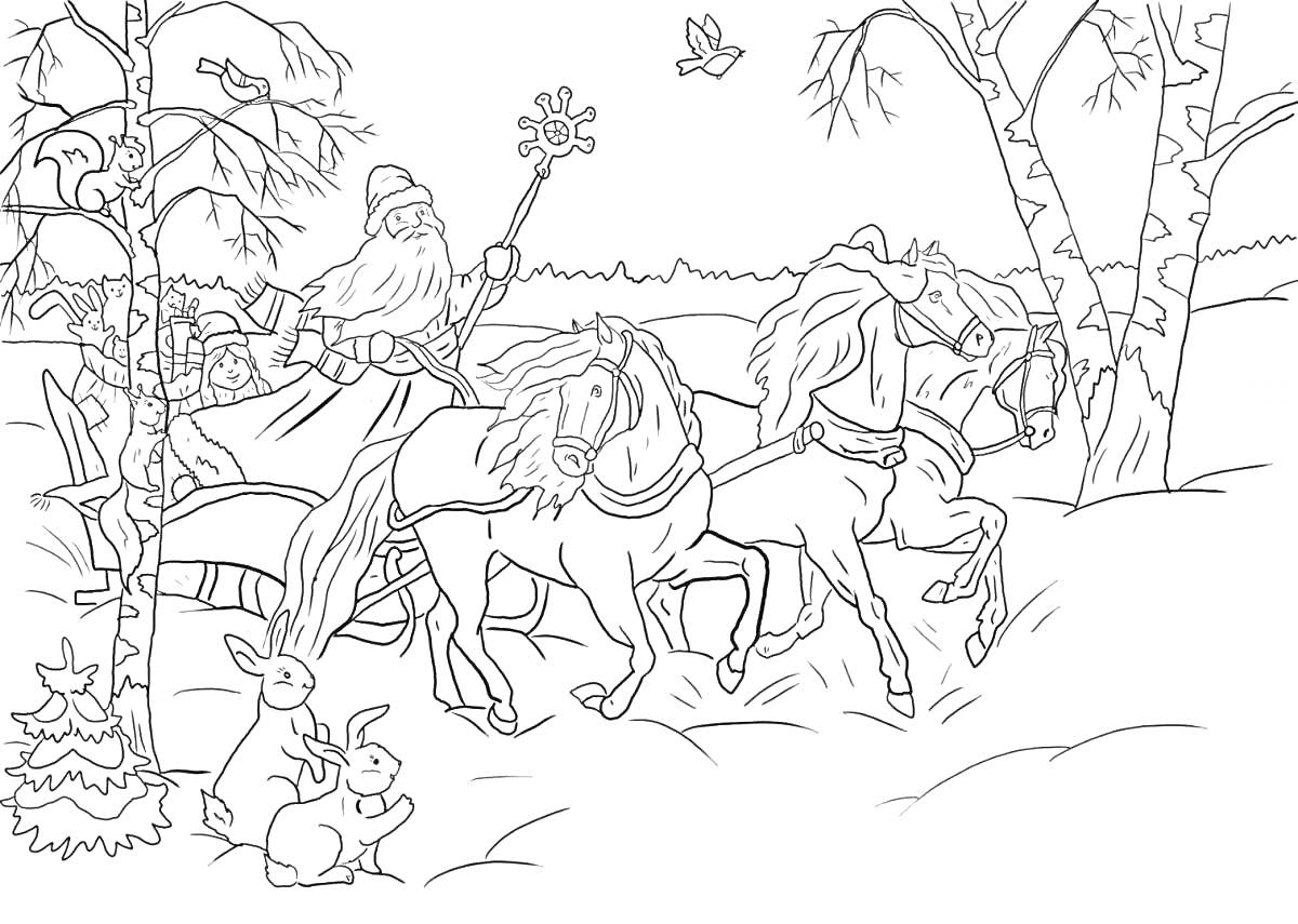 Раскраска Дед Мороз в санях, запряженных тремя лошадьми, едет по зимнему лесу мимо ёлочек, белок и зайцев.
