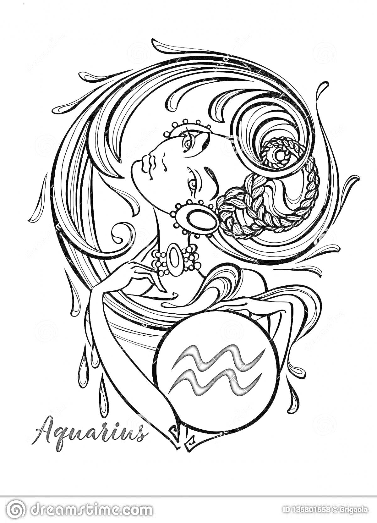 На раскраске изображено: Водолей, Знак зодиака, Волнистые волосы, Капли, Астрология