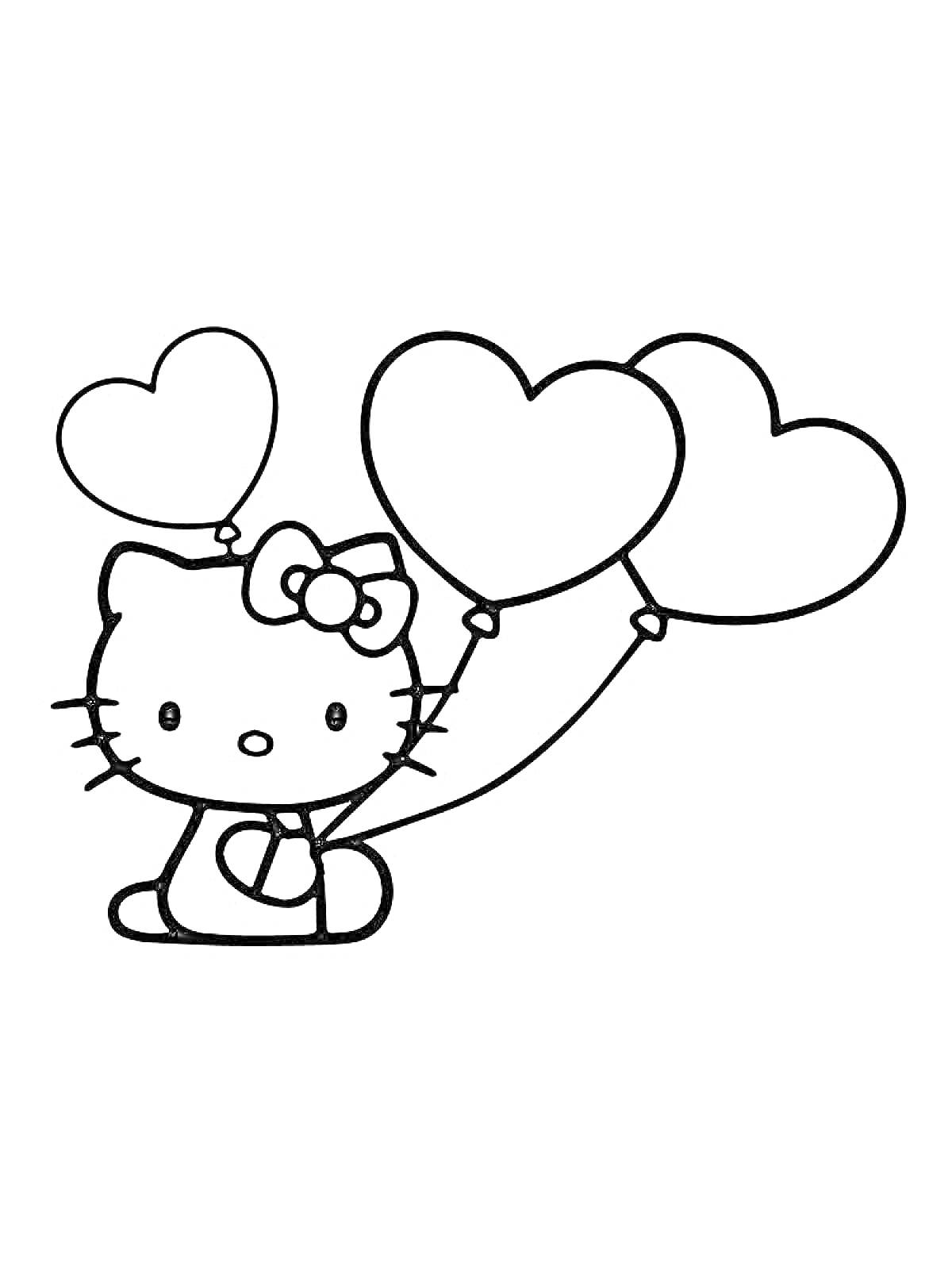 Раскраска Кошка с бантом держит три воздушных шарика в форме сердца
