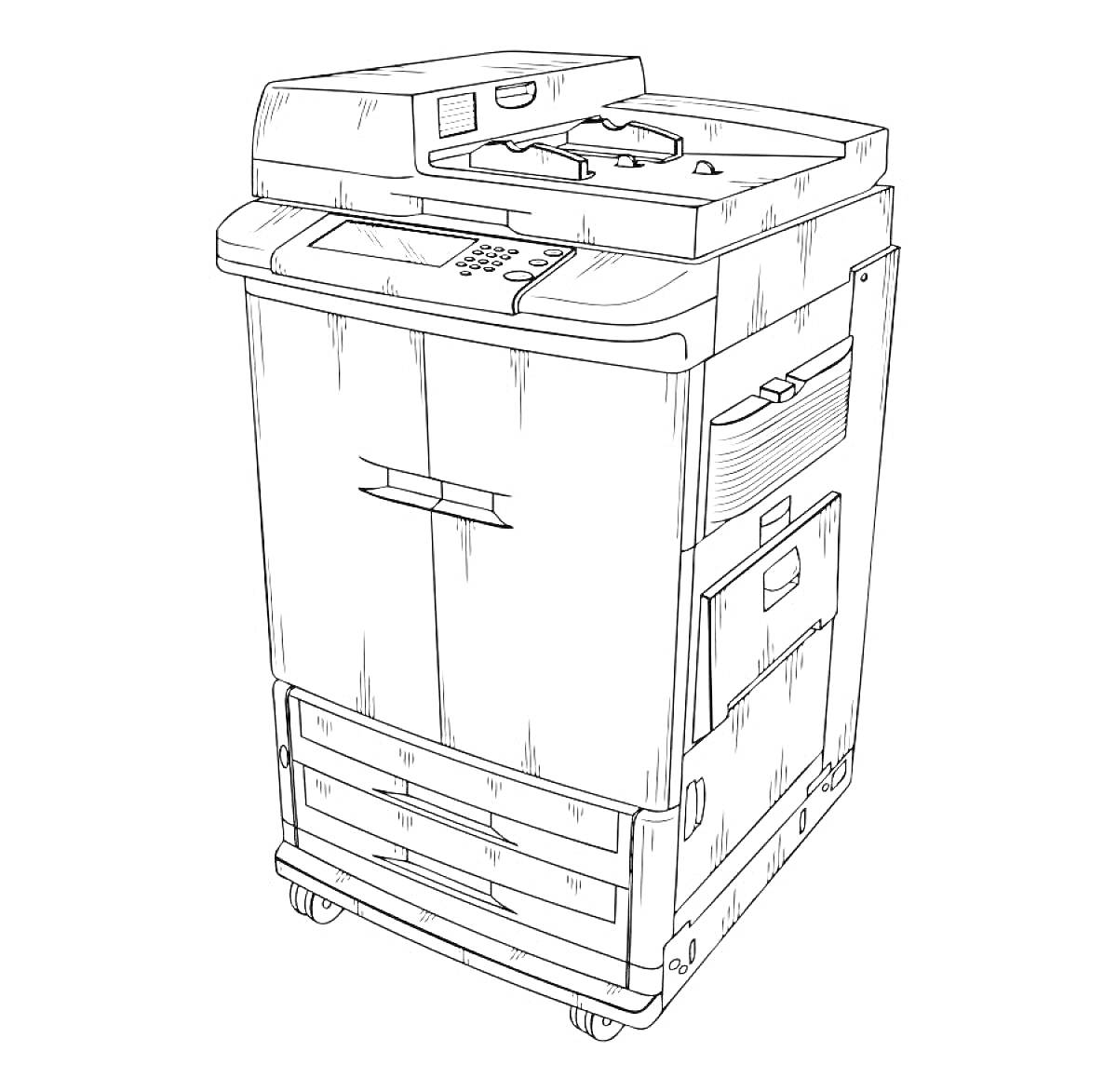 Раскраска Принтер-копировальный аппарат с деталями, включая экран, панели управления, лотки для бумаги, колесики