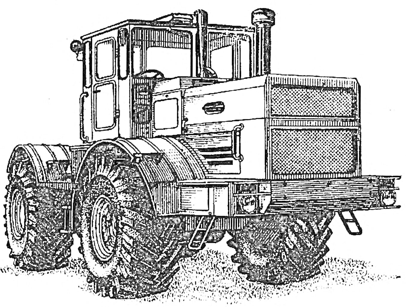 На раскраске изображено: Трактор, К-700, Сельскохозяйственная техника, Тяжелая техника, Техника, Фермерство
