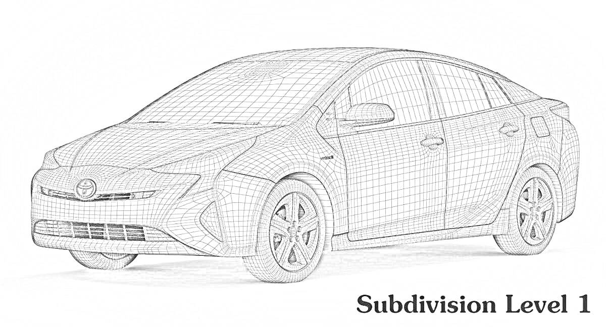 Раскраска Тойота Приус в сеточной модели, вид сбоку, стекла, зеркала, колеса и кузов автомобиля