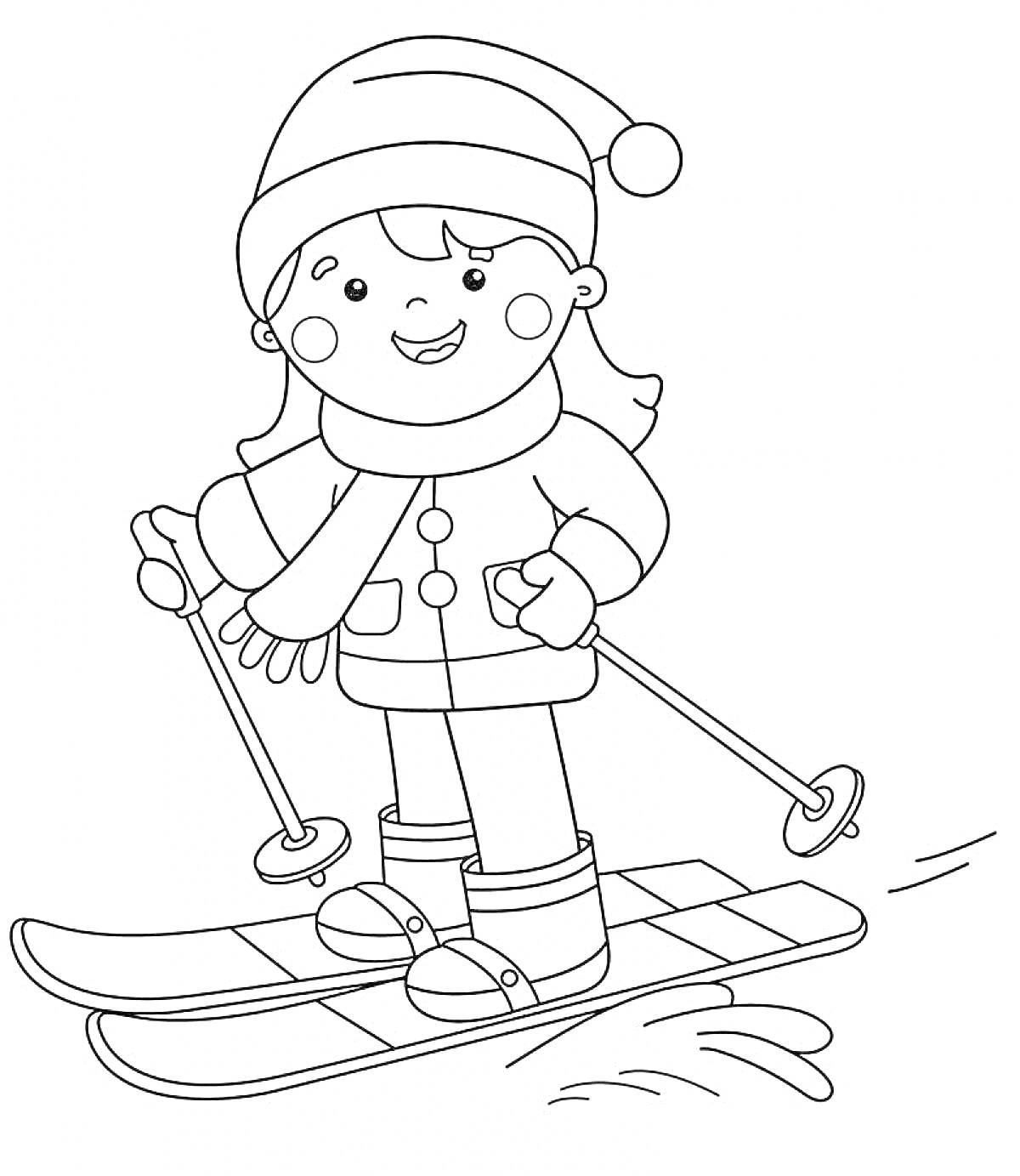 На раскраске изображено: Зима, Лыжи, Девочка, Зимняя шапка, Шарф, Пальто