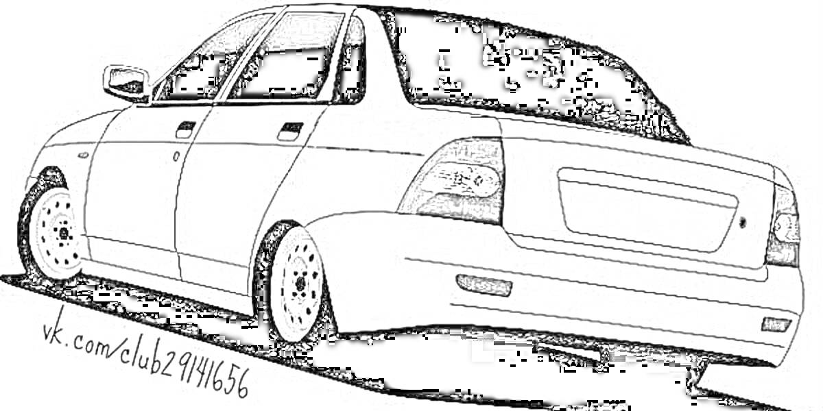 Раскраска Рисунок Лада Приора с задней стороны, с подробными деталями задних фонарей, дверей и колес, с надписью 