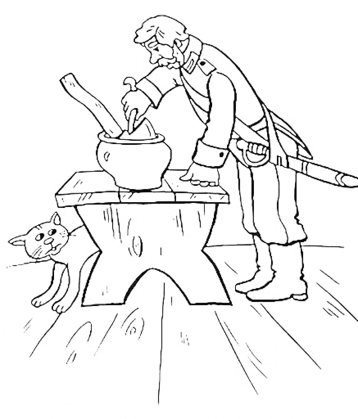 Раскраска Солдат у котелка на деревянном столе с топором в руке и кот рядом