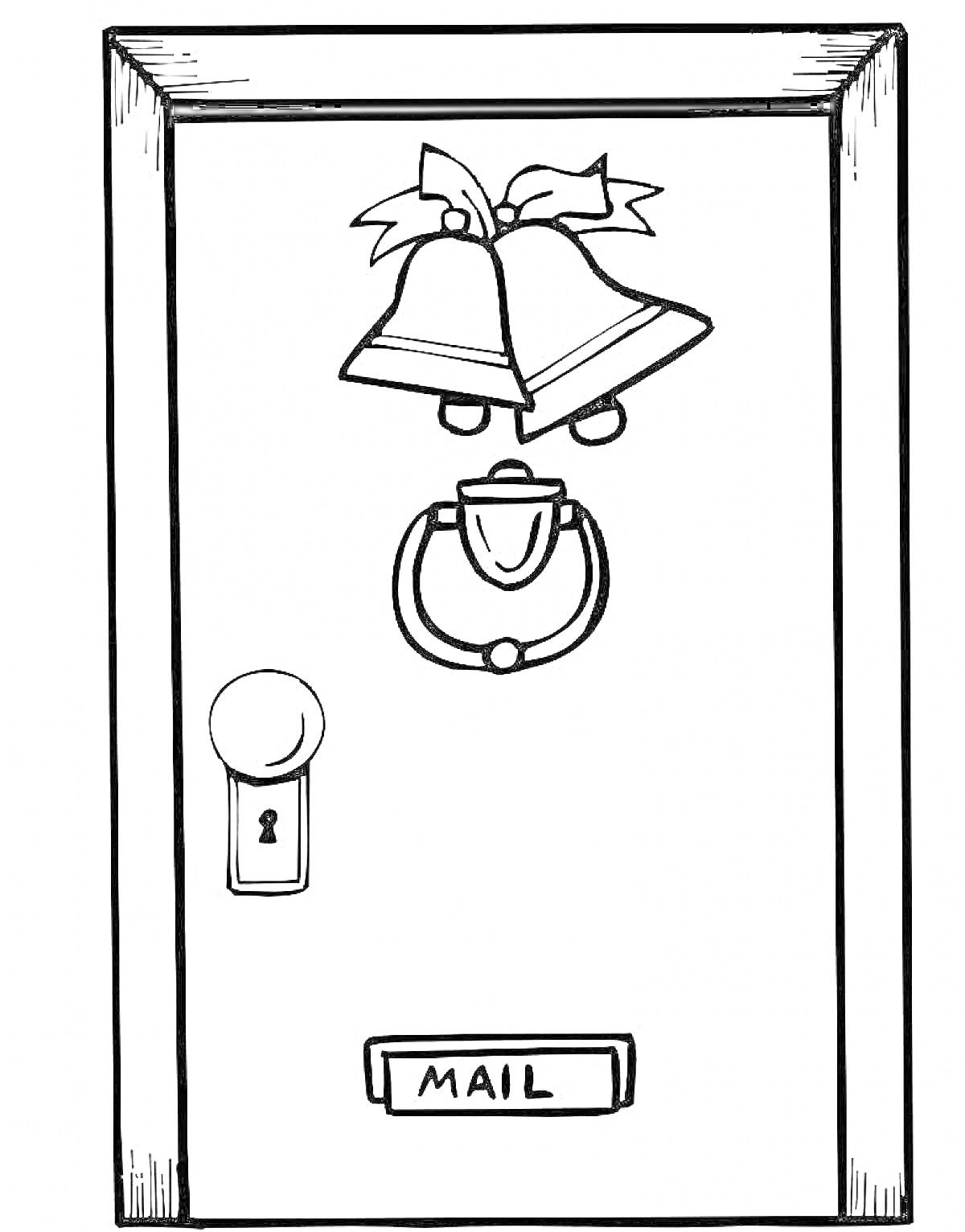 На раскраске изображено: Дверь, Замочная скважина, Почтовый ящик, Колокольчик