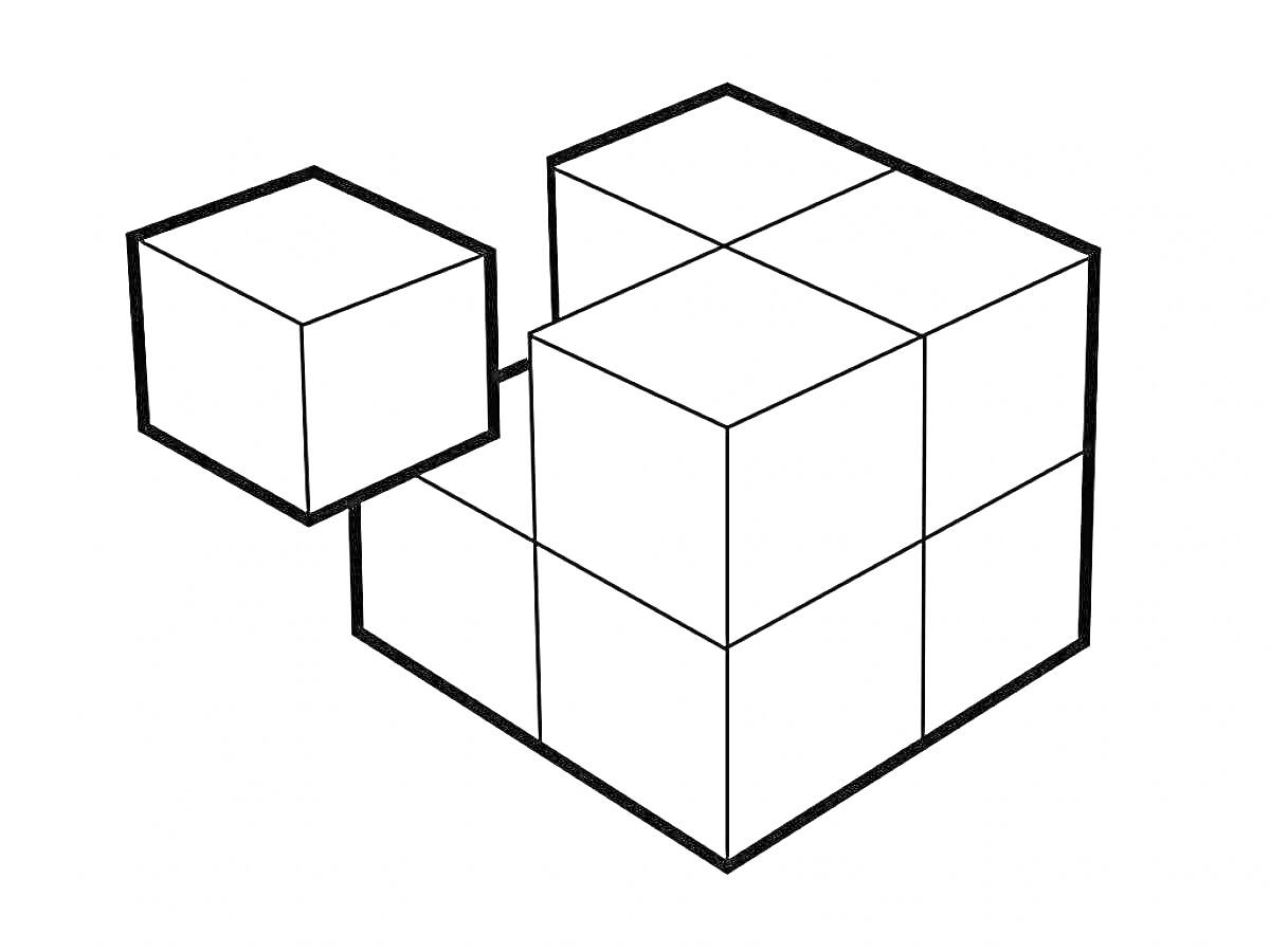 Раскраска Кубики в 3D, один из которых левитирует над пирамидой из других кубиков