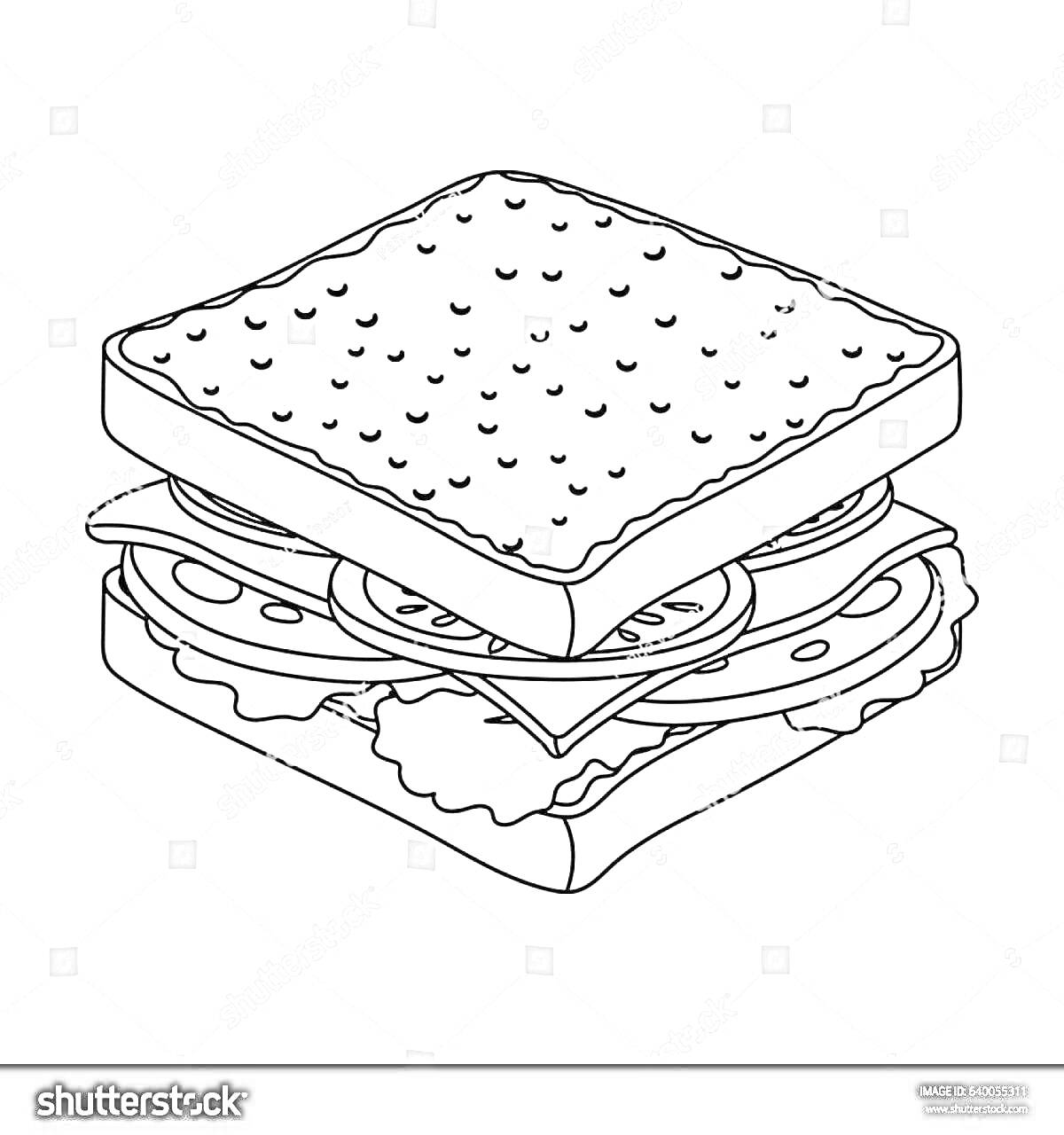 На раскраске изображено: Сэндвич, Хлеб, Салат, Сыр, Еда, Для детей
