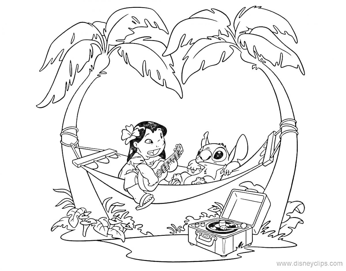 Раскраска Лило и Стич на гамаке под пальмами с музыкальным проигрывателем и гитарой