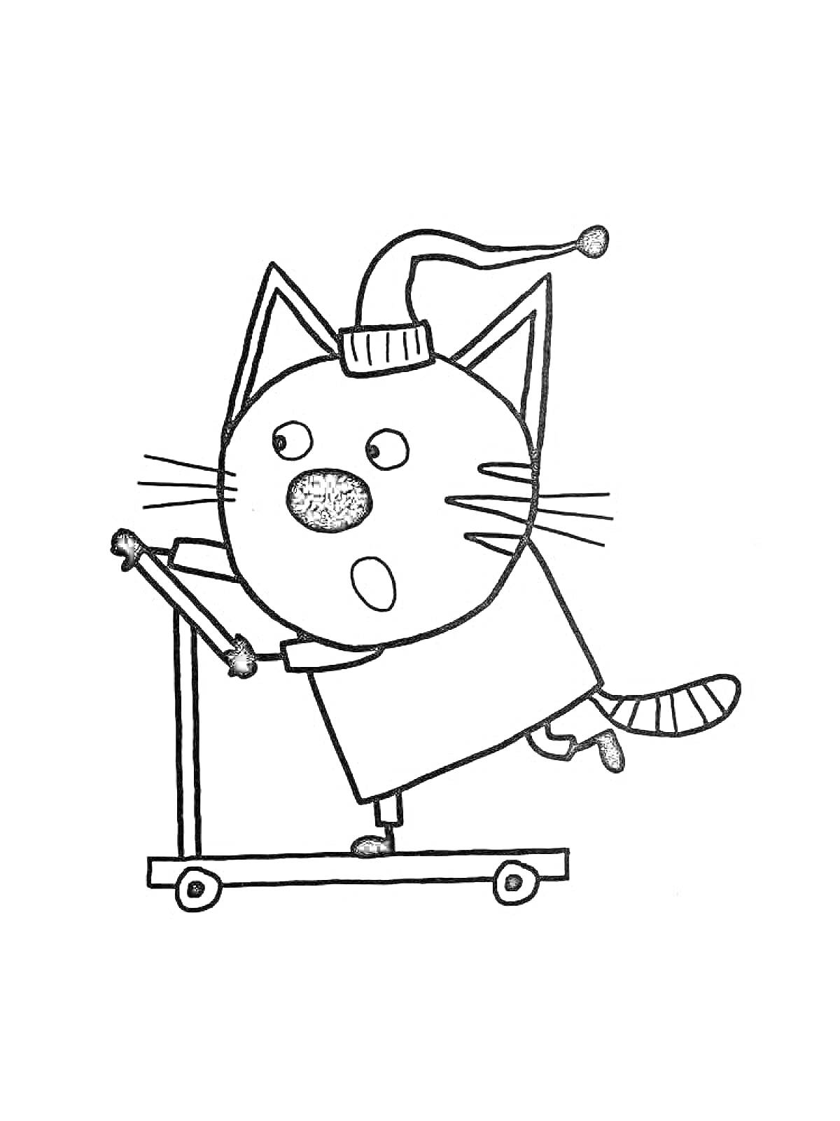 Раскраска Кот в шапке на самокате