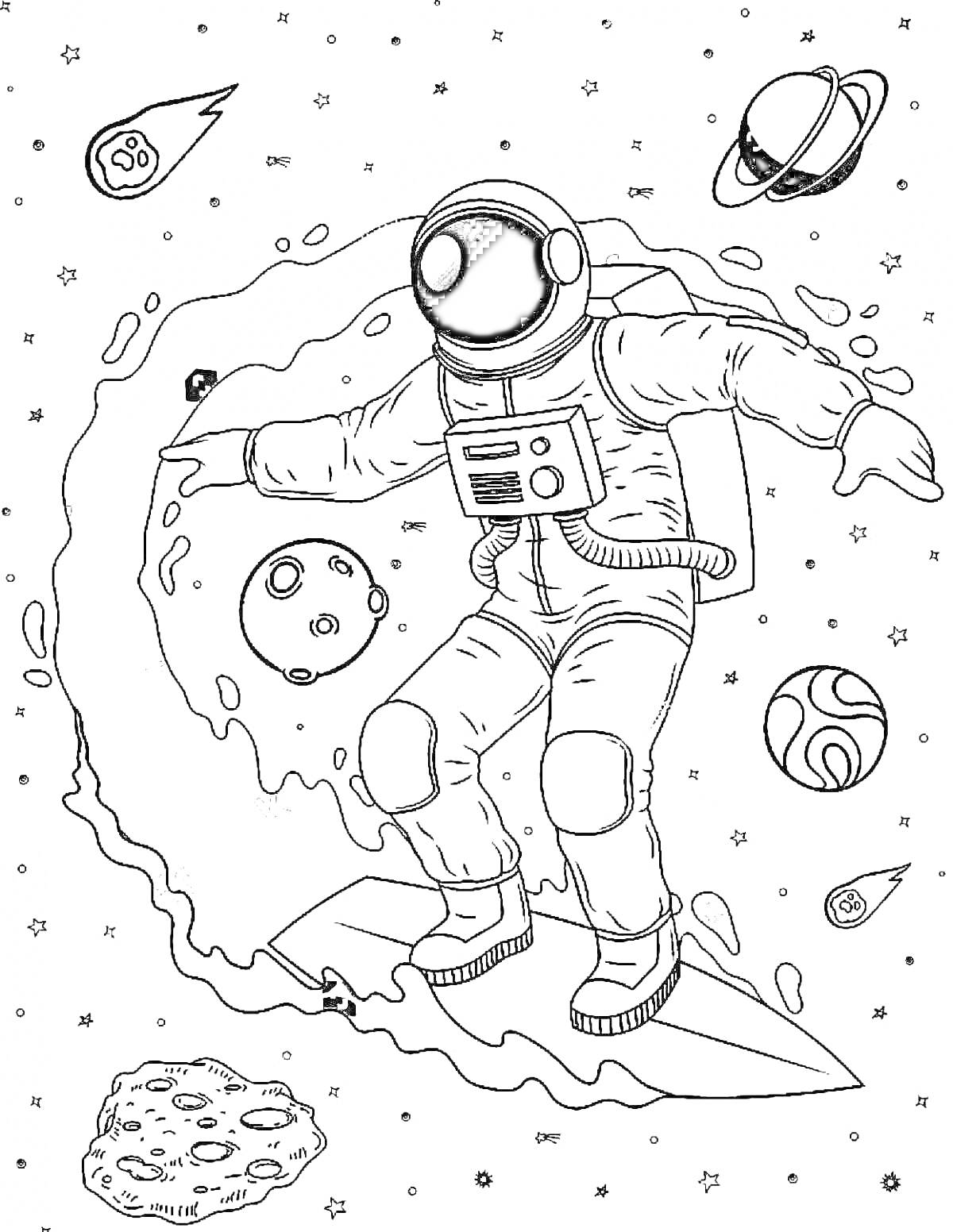 РаскраскаКосмонавт на серфинговой доске в космосе среди планет, метеоритов и звезд