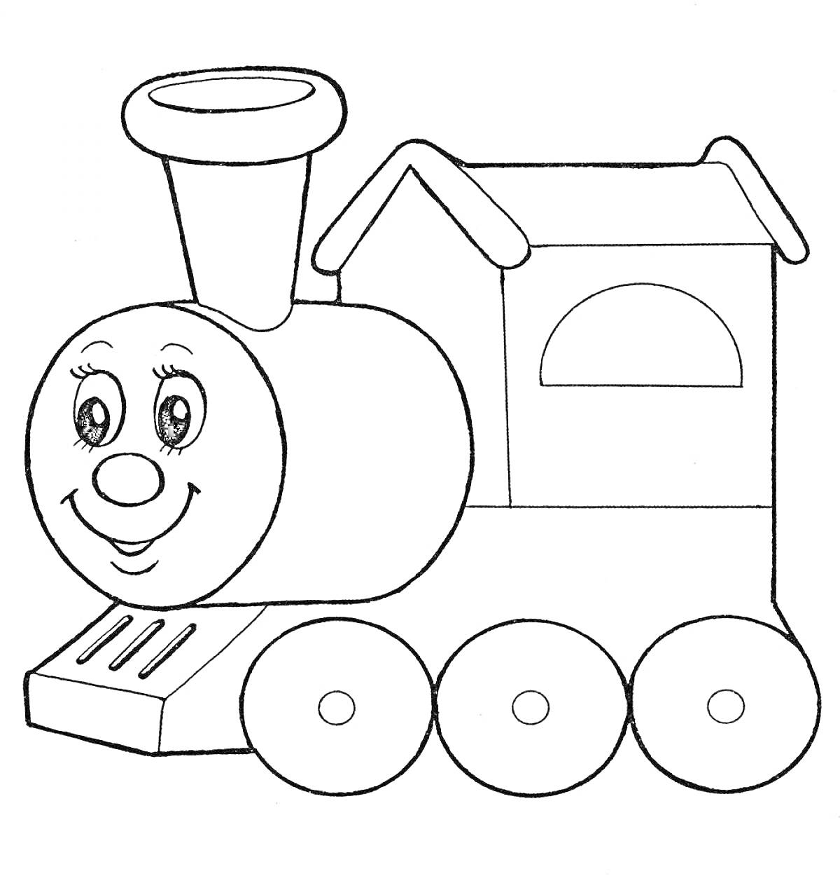 Раскраска Паровоз с улыбающимся лицом, с трубой, тремя колесами и вырезанным полукруглым окном