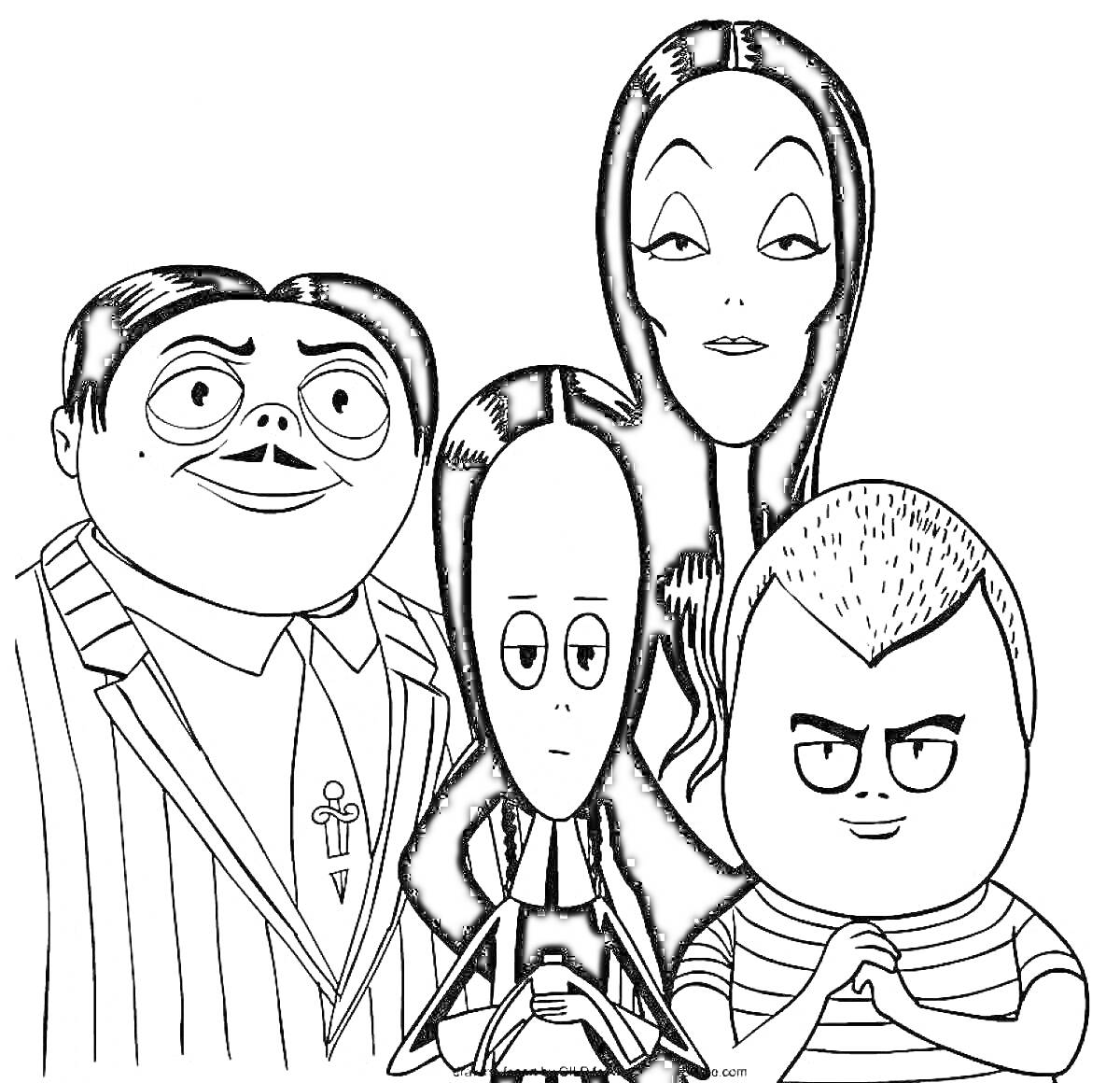 Раскраска Семья Адамс: четыре персонажа