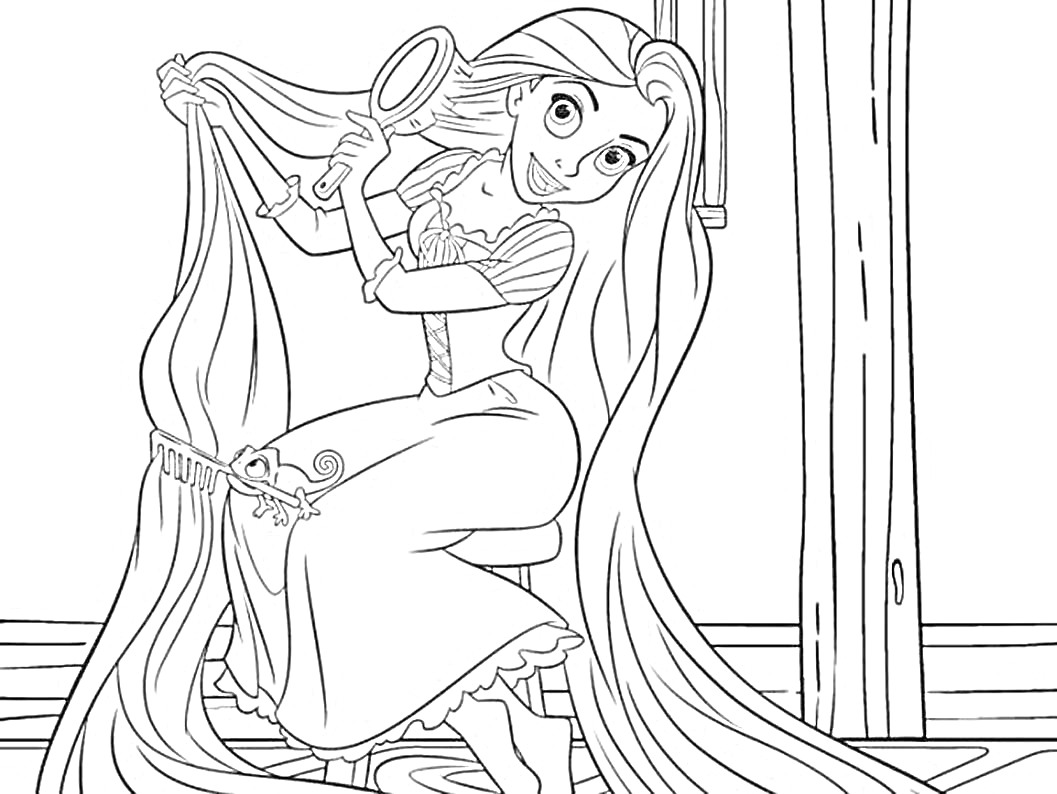 Раскраска Девушка с длинными волосами расчесывает волосы, сидя на стуле возле окна