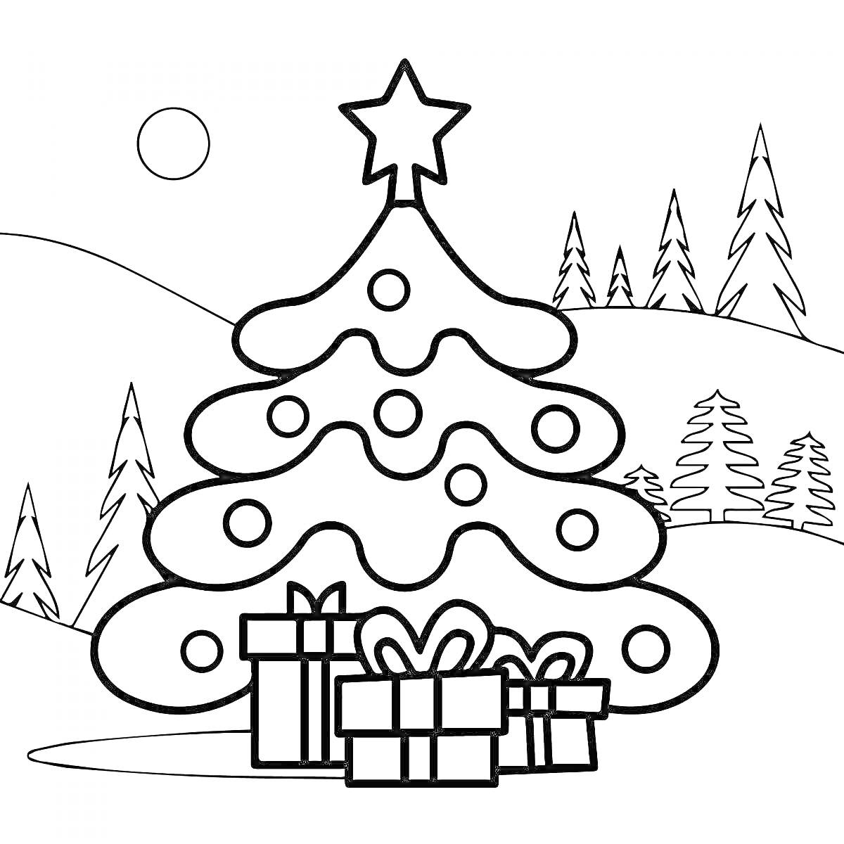 Раскраска Раскраска с елочкой, подарками и снежным пейзажем