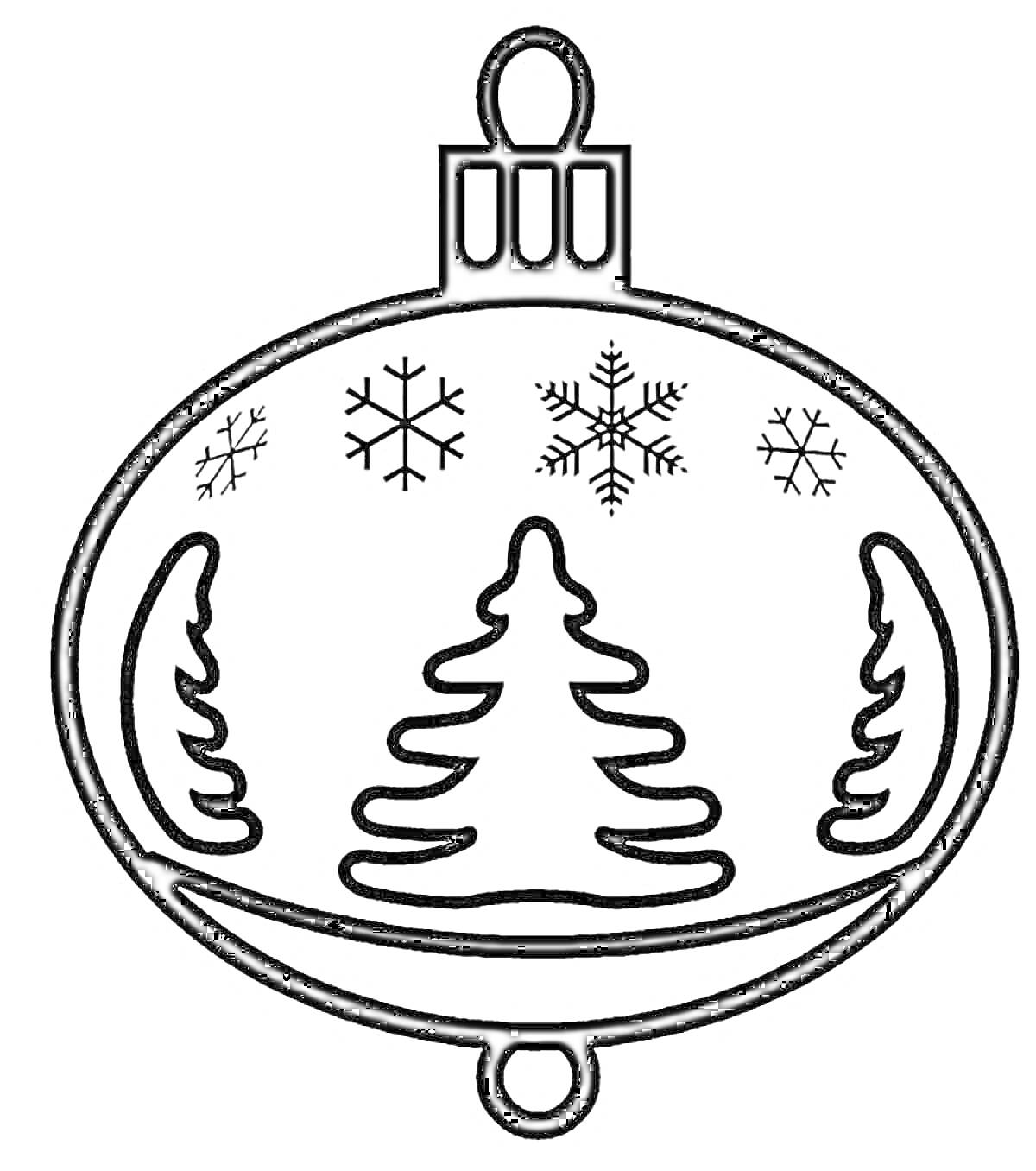 Раскраска новогодний шар с тремя ёлками и снежинками