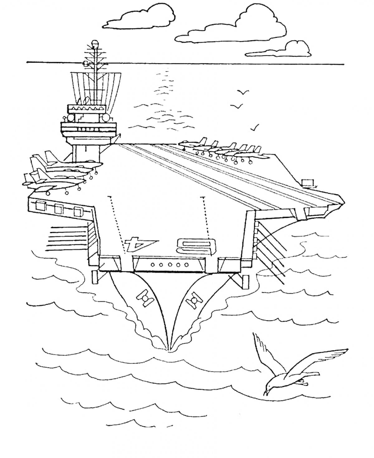 Раскраска Авианосец в море с истребителями на палубе и чаекой над водой