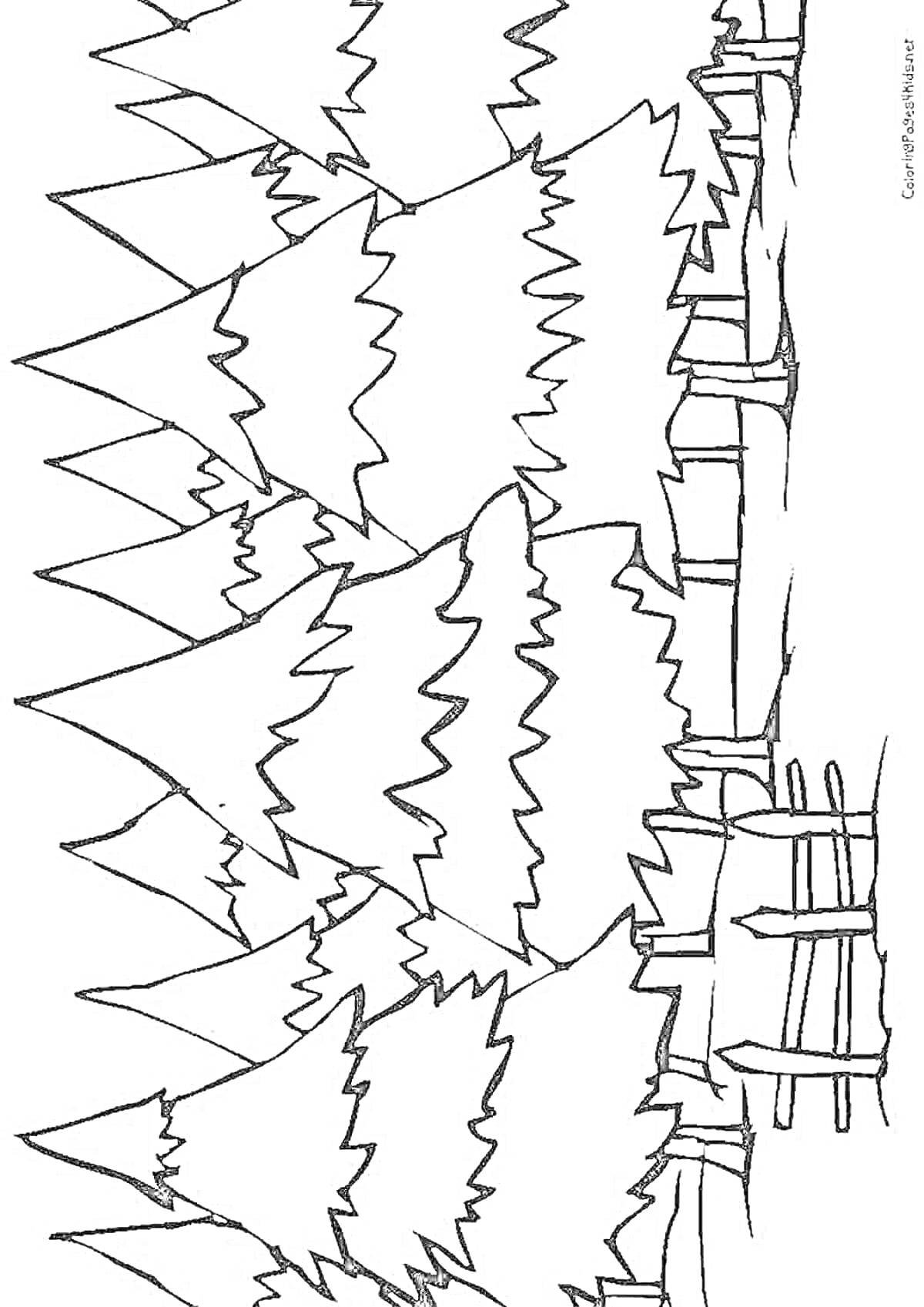 Раскраска Еловый лес с забором