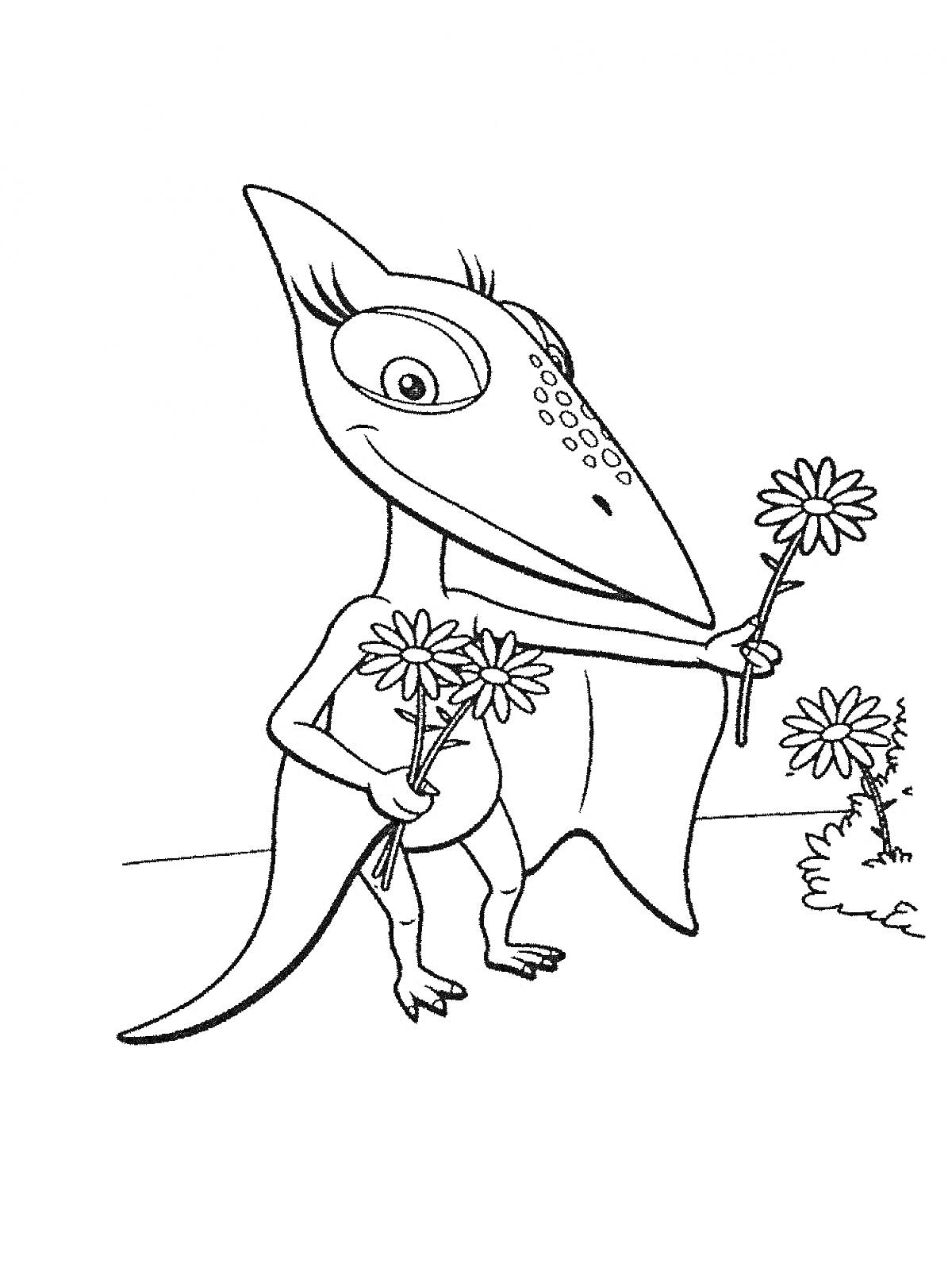 Динозавр держит цветы