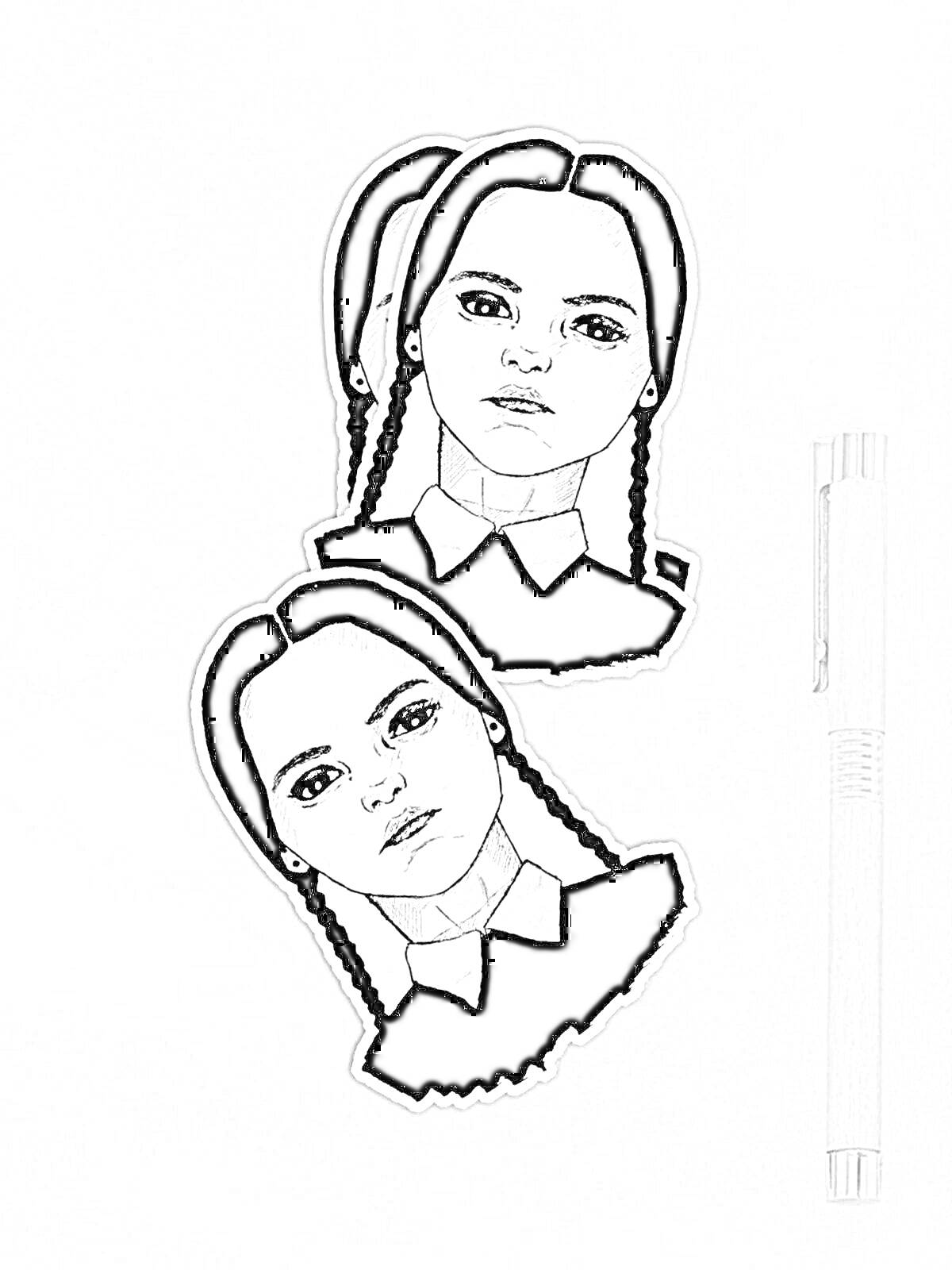 Раскраска Раскраска с изображением двух Венздей с косичками и ручка