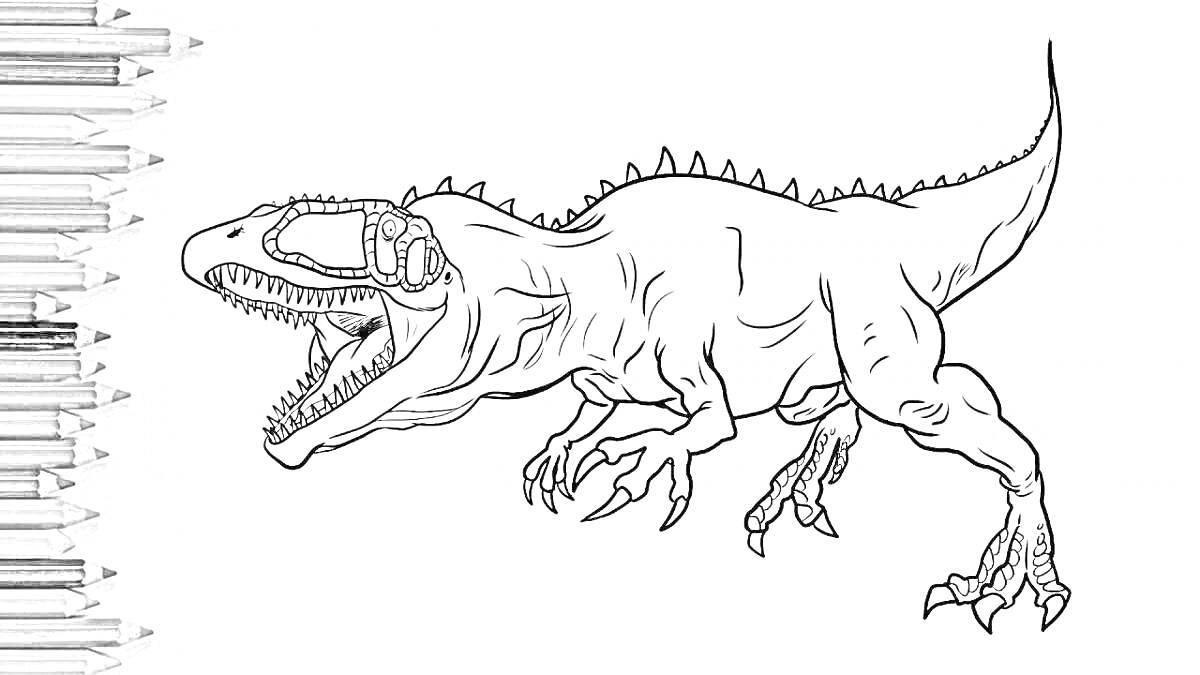 Раскраска Рисунок кархародонтозавра с открытой пастью и рядом с набором карандашей